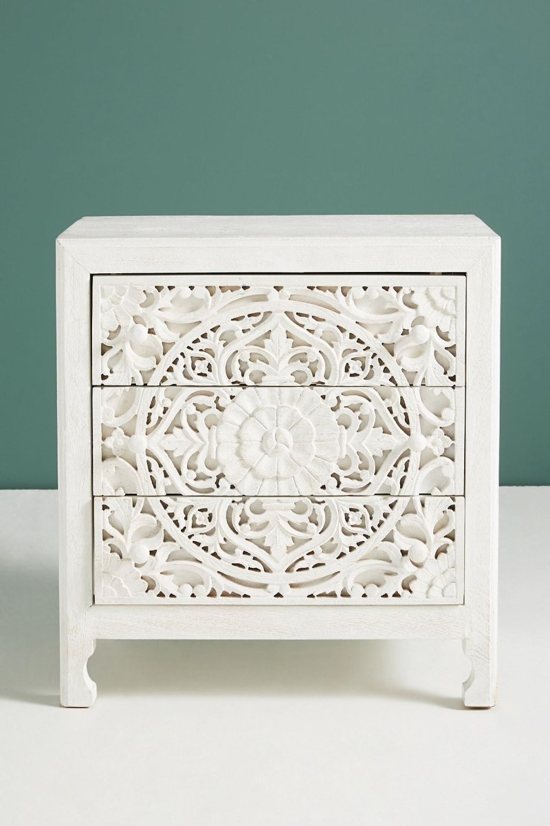 Hand Carved Lombok Three Drawer Nightstand - Solid Wood Bedside Table with Storage | Perfect for Bedroom, Guest Room & Apartment Furniture