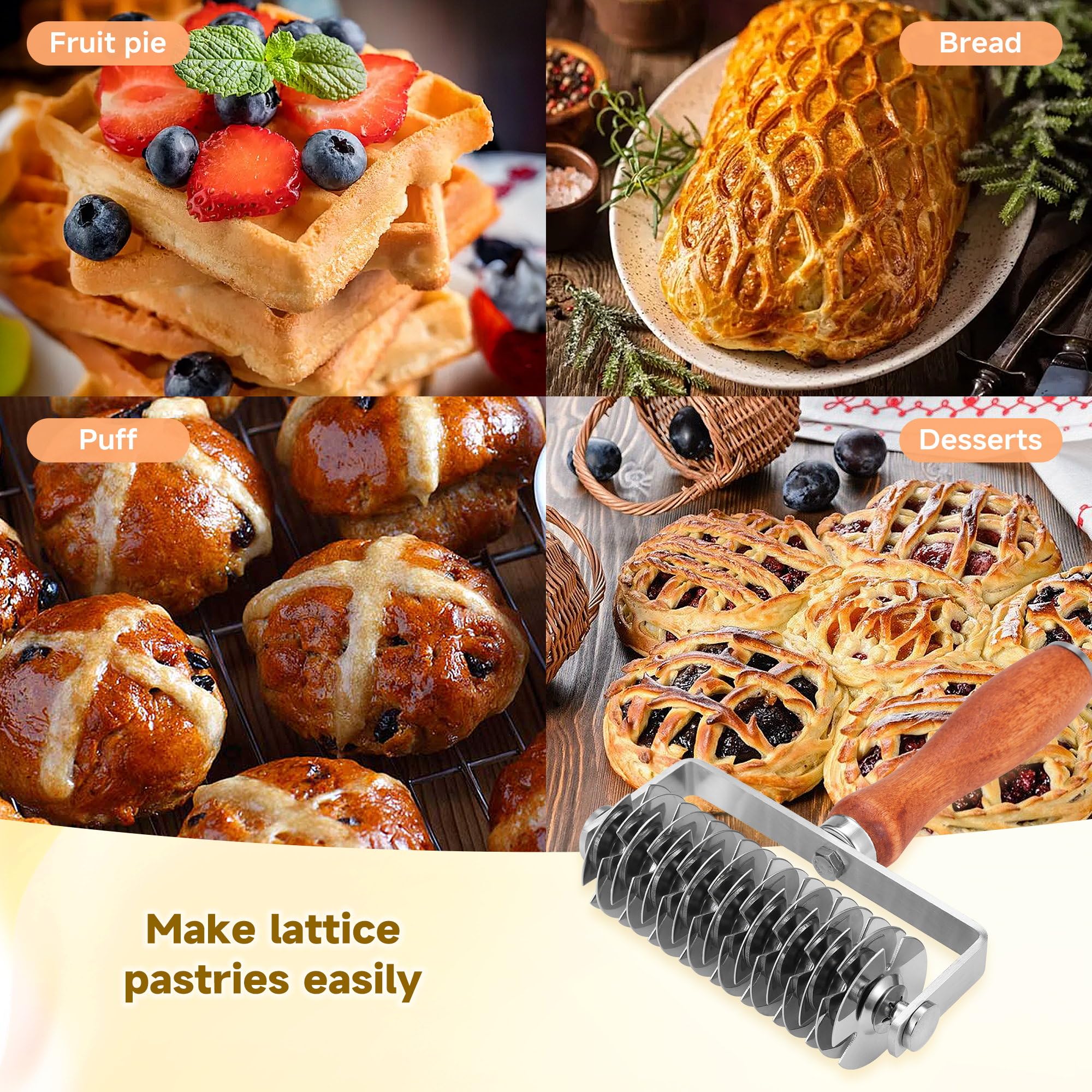 Stainless Steel Pastry Lattice Roller Cutter with Wood Handle - Professional Dough Cutter Wheel for Baking Beef Wellington, Pie Crust, Pizza & Bread | Essential Time-Saving Baking Tool for Home Bakers & Professional Chefs