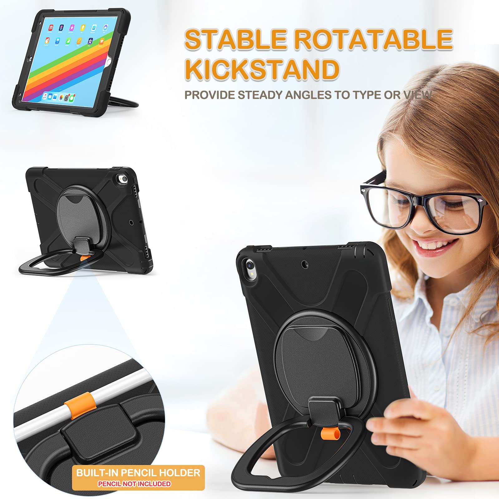BRAECN Heavy Duty Protective Case for iPad Air 3 (10.5-inch 2019) & iPad Pro 10.5 (2017) - Shockproof Silicone Cover with Apple Pencil Holder, Rotating Hand Grip, Adjustable Shoulder Strap & Kickstand - Perfect for Travel, Work & School (Black)