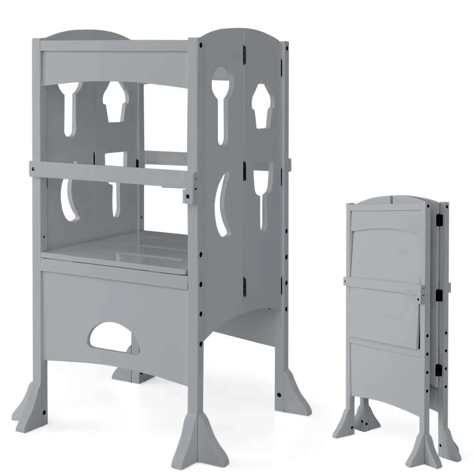 HONEY JOY Foldable Wooden Kitchen Step Stool for Toddlers & Kids with Safety Rail - Montessori Learning Tower for Kitchen Counter - Gray - Perfect for Cooking, Baking & Learning Independence