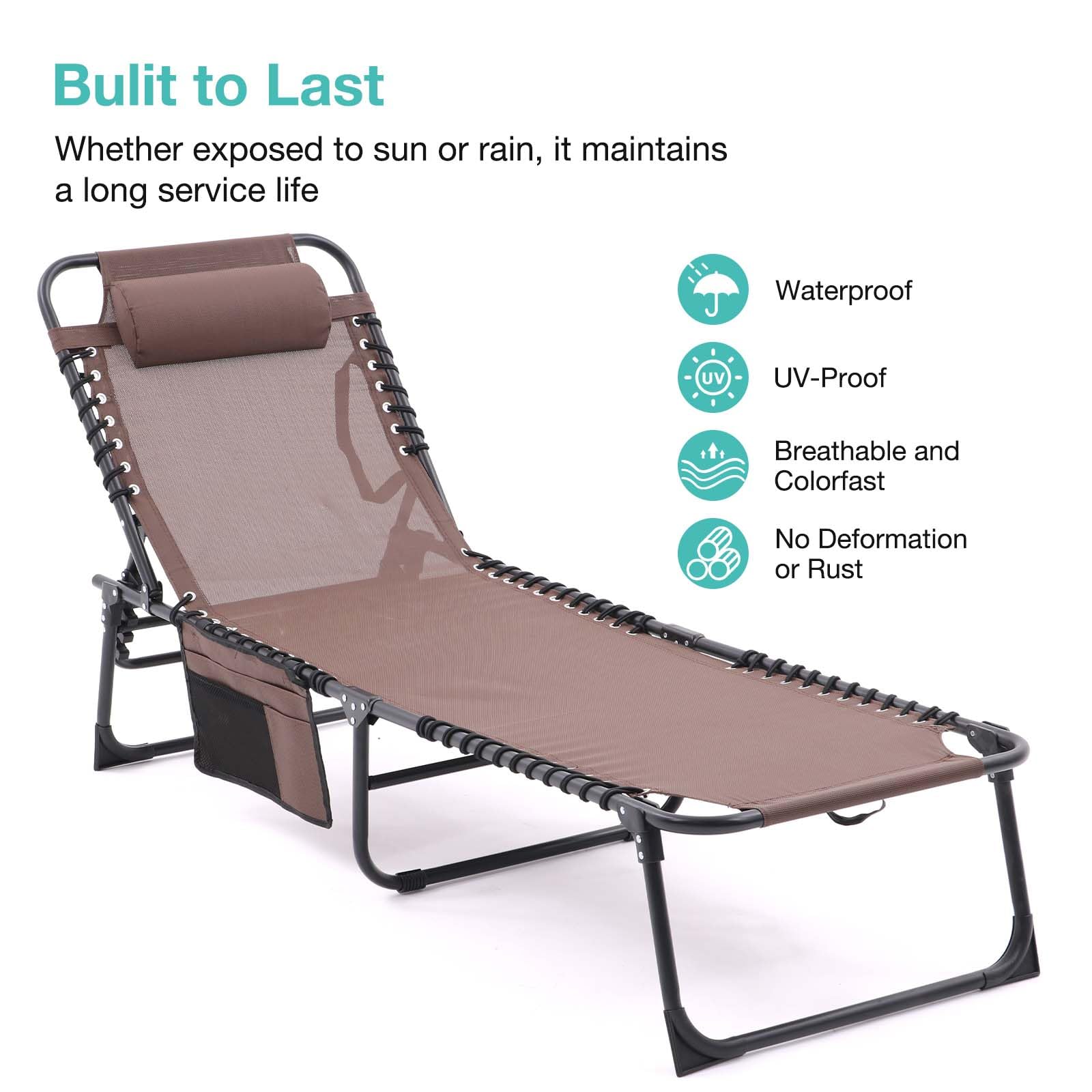 2 Pack Adjustable Outdoor Lounge Chairs - Foldable Tanning Chairs with 4-Level Recline, Headrest & Side Pocket - Perfect for Poolside, Beach, Patio & Backyard Relaxation