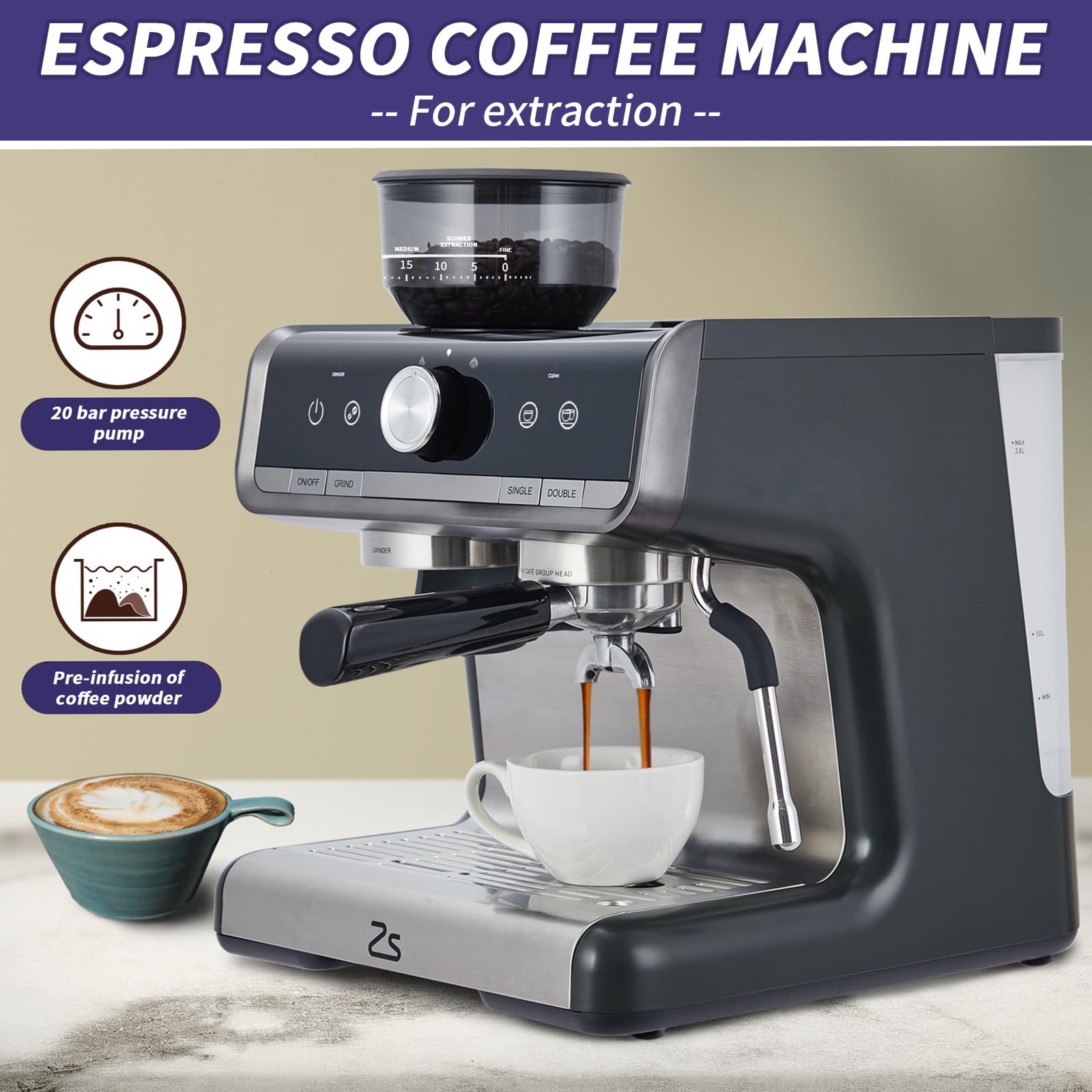 20 Bar Professional Espresso Machine with Built-in Grinder & Milk Frother - Home Coffee Maker for Espresso & Cappuccino with Removable Water Tank - Perfect Gift for Coffee Lovers (Home/Office/Cafe Use)