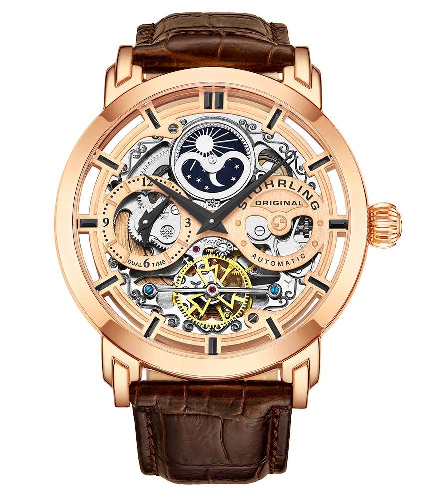 Anatol Dual Time 371 Automatic 46mm Skeleton Watch for Men - Luxury Stainless Steel Mechanical Timepiece with Exhibition Caseback - Perfect for Business, Formal Events & Gift Giving