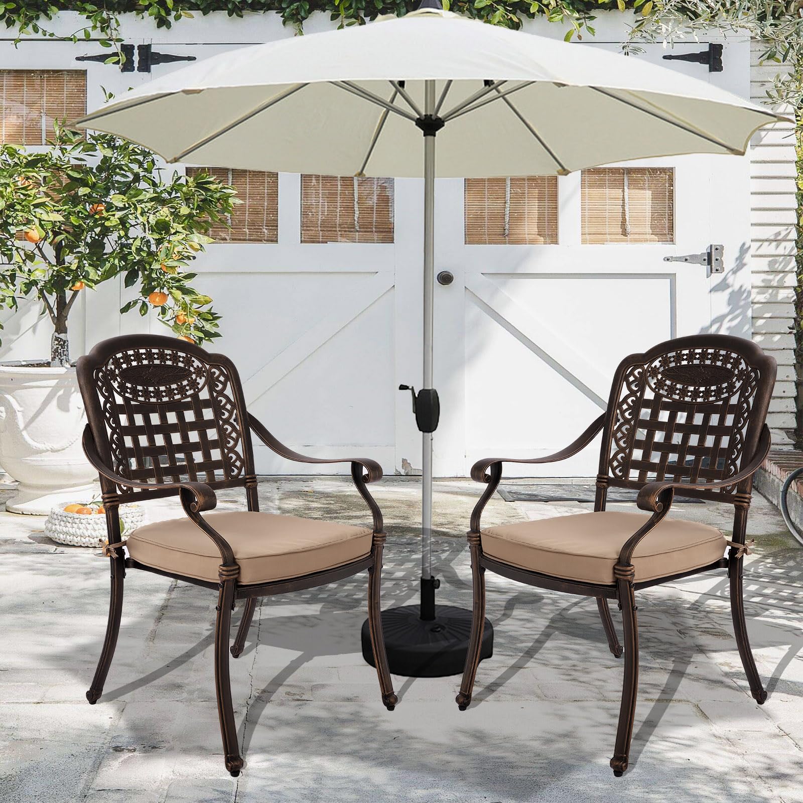 Magic Union 2-Piece Patio Dining Chair Set - Durable Outdoor Cast Aluminum Armchairs with Khaki Cushions for Garden, Backyard & Deck | Perfect for Outdoor Dining, Lounging & Entertaining