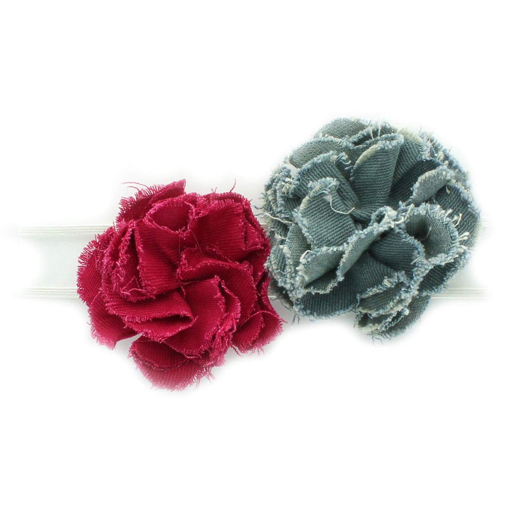 Lello Infant Baby & Toddler Girls Headbands - 2 Pack Denim Frayed Fabric Flower Skinny Elastic Hair Bands for Newborn Toddler Photography, Birthday Party & Daily Outfits
