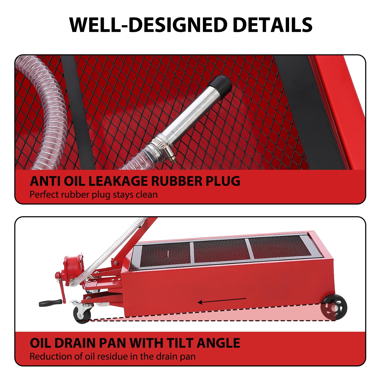**20 Gallon (76L) Low Profile Oil Drain Pan with Manual Pump & Wheels - Heavy Duty Oil Change Pan for Cars, SUVs, Trucks - Includes 8FT Hose & Foldable Handle for Easy Transport & Storage**    *(Perfect for DIY Oil Changes, Auto Shops, and Quick Garage Maintenance)*