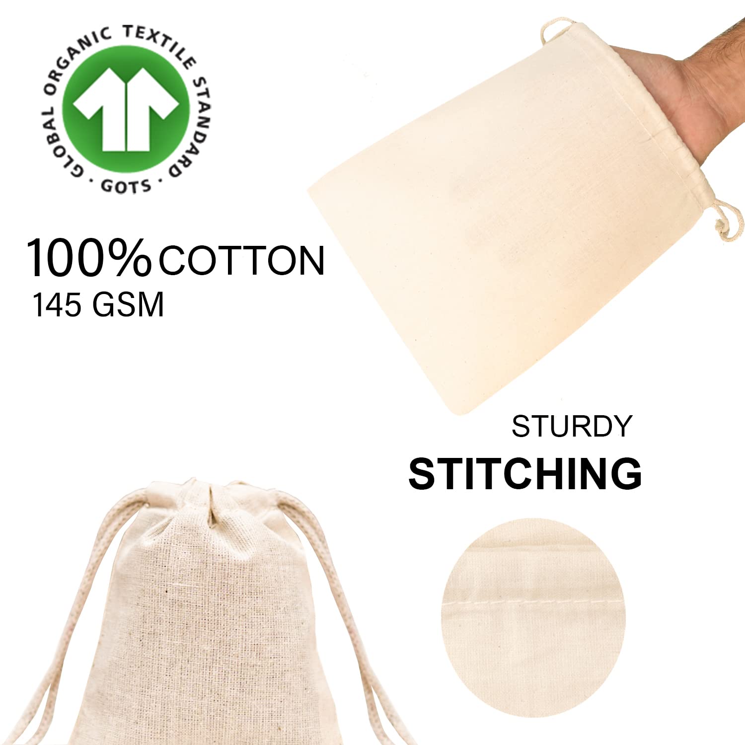 210 GSM Heavy Duty Canvas Drawstring Bags (4x6 Inches, 200 Pack) - Reusable Washable Storage Bags for Laundry, Vegetables, Fruits & Kitchen Organization | Perfect for Closet Storage, Travel & Camping Supplies