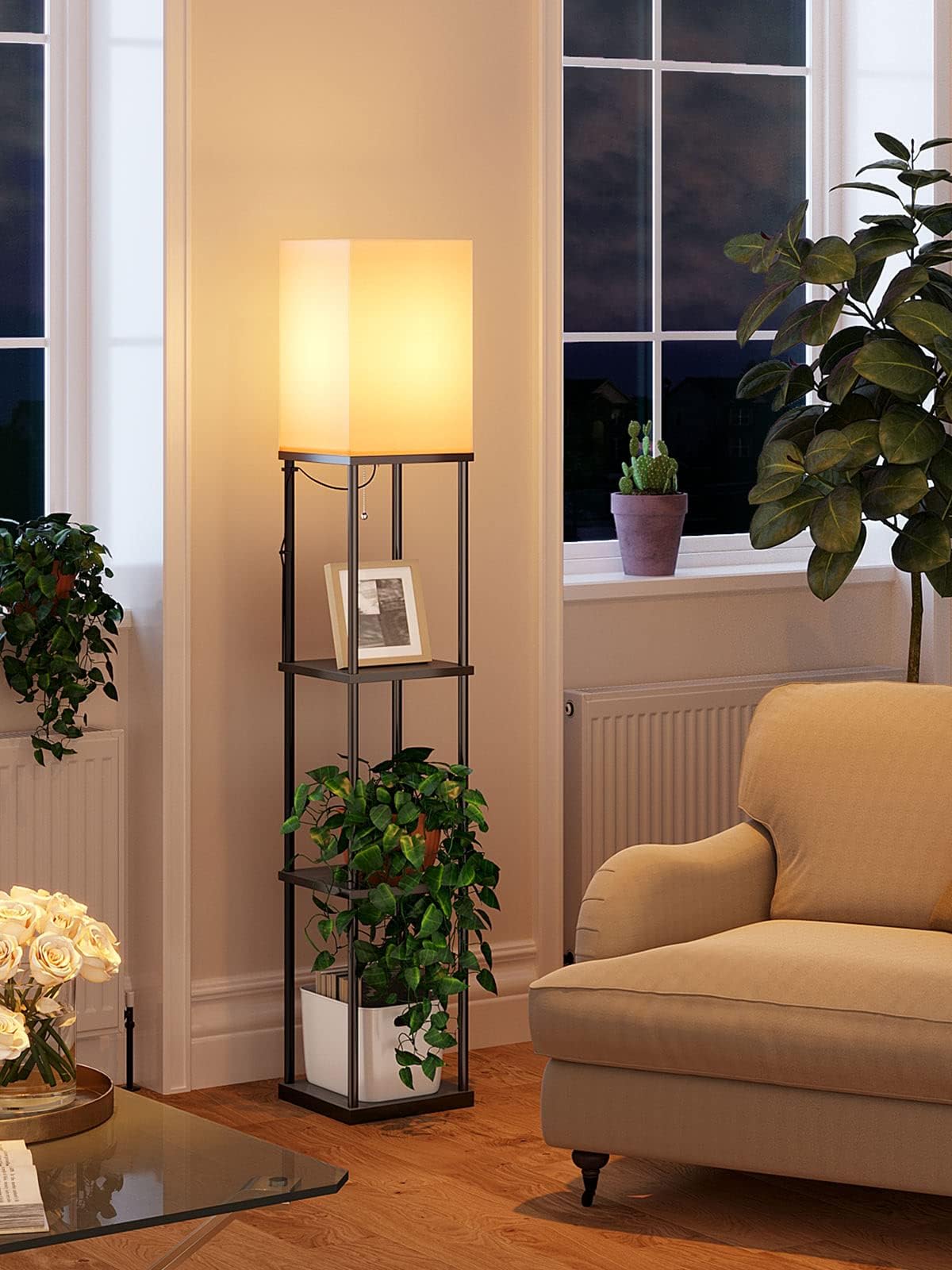 Addlon 4-Tier Modern Shelf Floor Lamp with 3CCT LED Bulb - Adjustable Brightness Display Lamp for Living Room, Bedroom, Office - Space-Saving Storage & Lighting Solution (Black)
