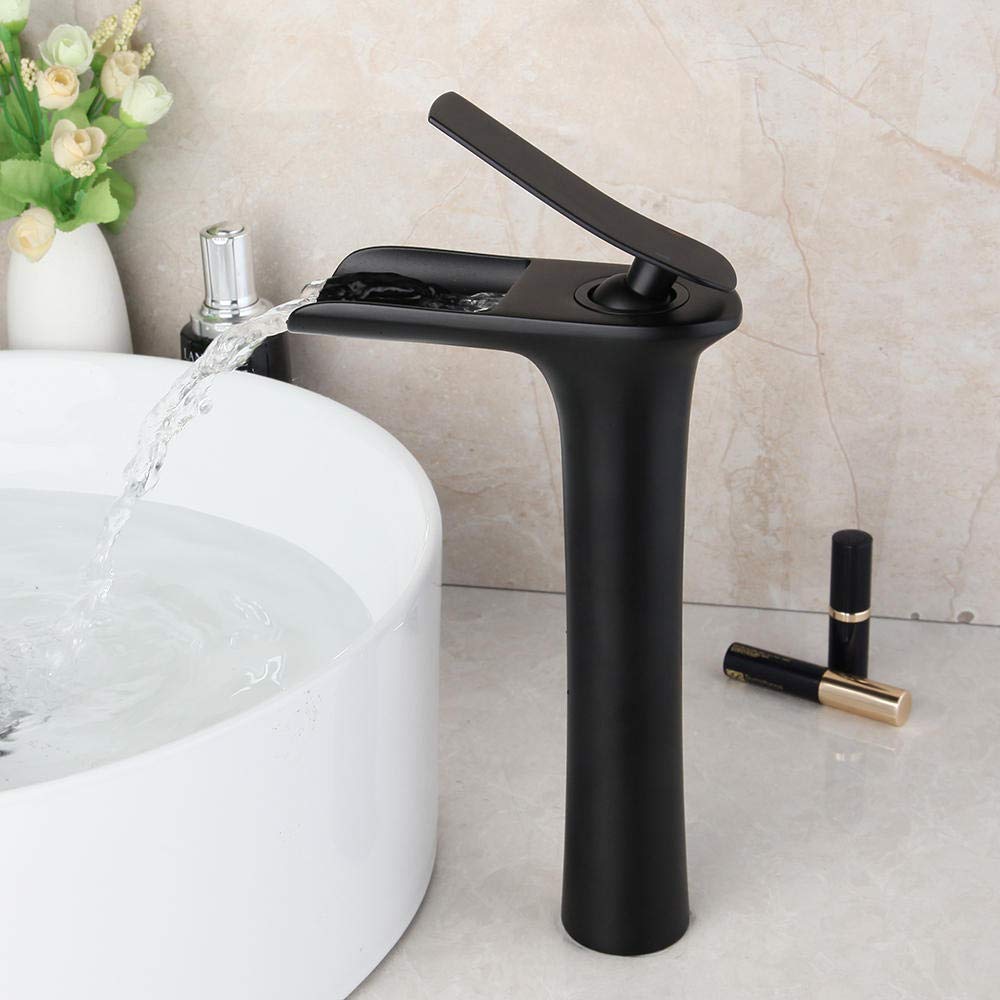Matte Black Waterfall Bathroom Sink Faucet - Wall Mounted Basin Mixer Tap for Vessel Sinks - Modern Matte Black Bathroom Faucet with High Arc Spout - Perfect for Contemporary Bathrooms, Powder Rooms, and Luxury Vanities