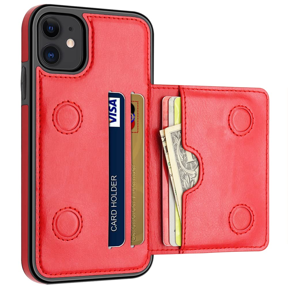 LakiBeibi iPhone 11 Wallet Case with Card Holders - Slim Leather Flip Folio Cover with Magnetic Lock & Dual Layer Protection for Apple iPhone 11 6.1 Inch (2019) | Perfect for Business Travel, Daily Commute & Hands-Free Convenience (Red)