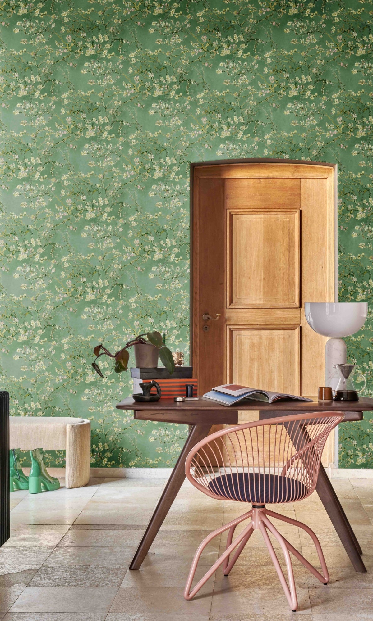Green Almond Blossom Floral Wallpaper R8490 - Botanical Peel & Stick Wallpaper for Bedroom, Living Room, Nursery Decor