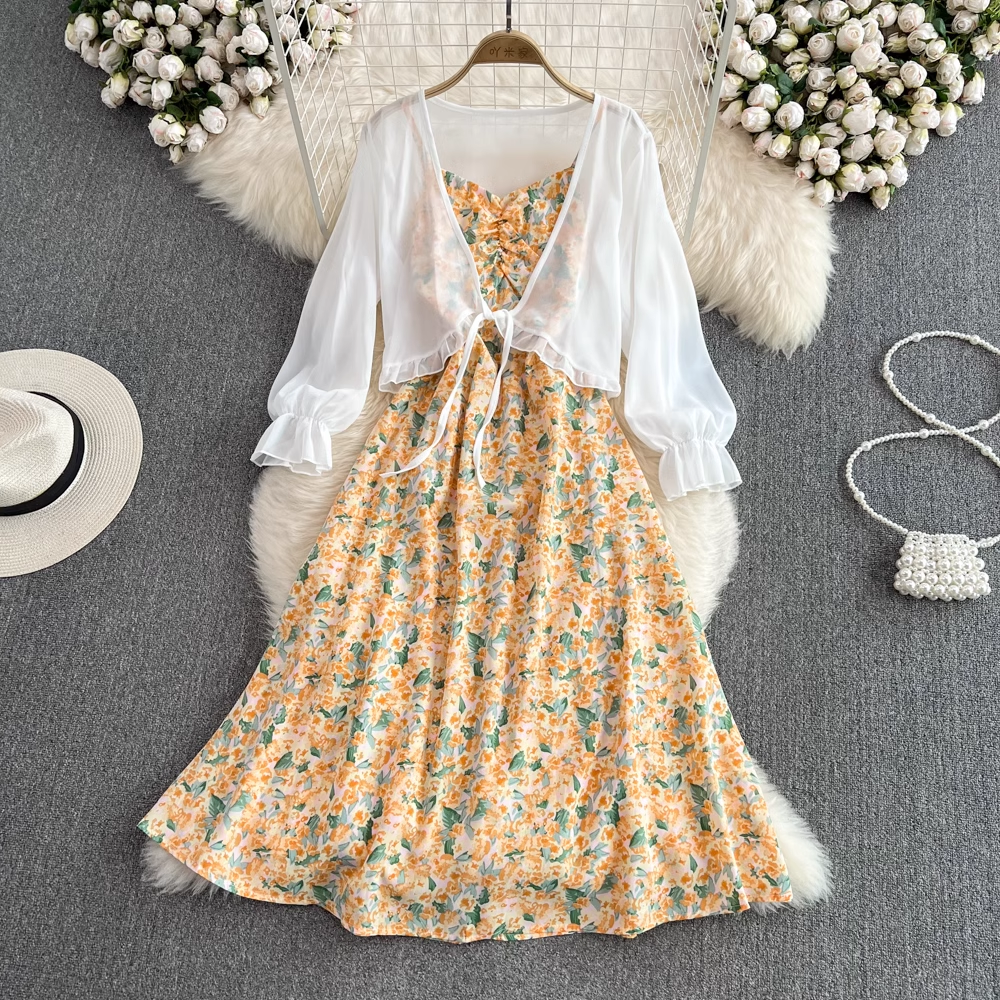 Fairy Chiffon Cardigan & Sleeveless A-Line Floral Dress 2-Piece Set for Women - Summer Beach Cover Up, Boho Wedding Guest Outfit, Casual Date Night Dress