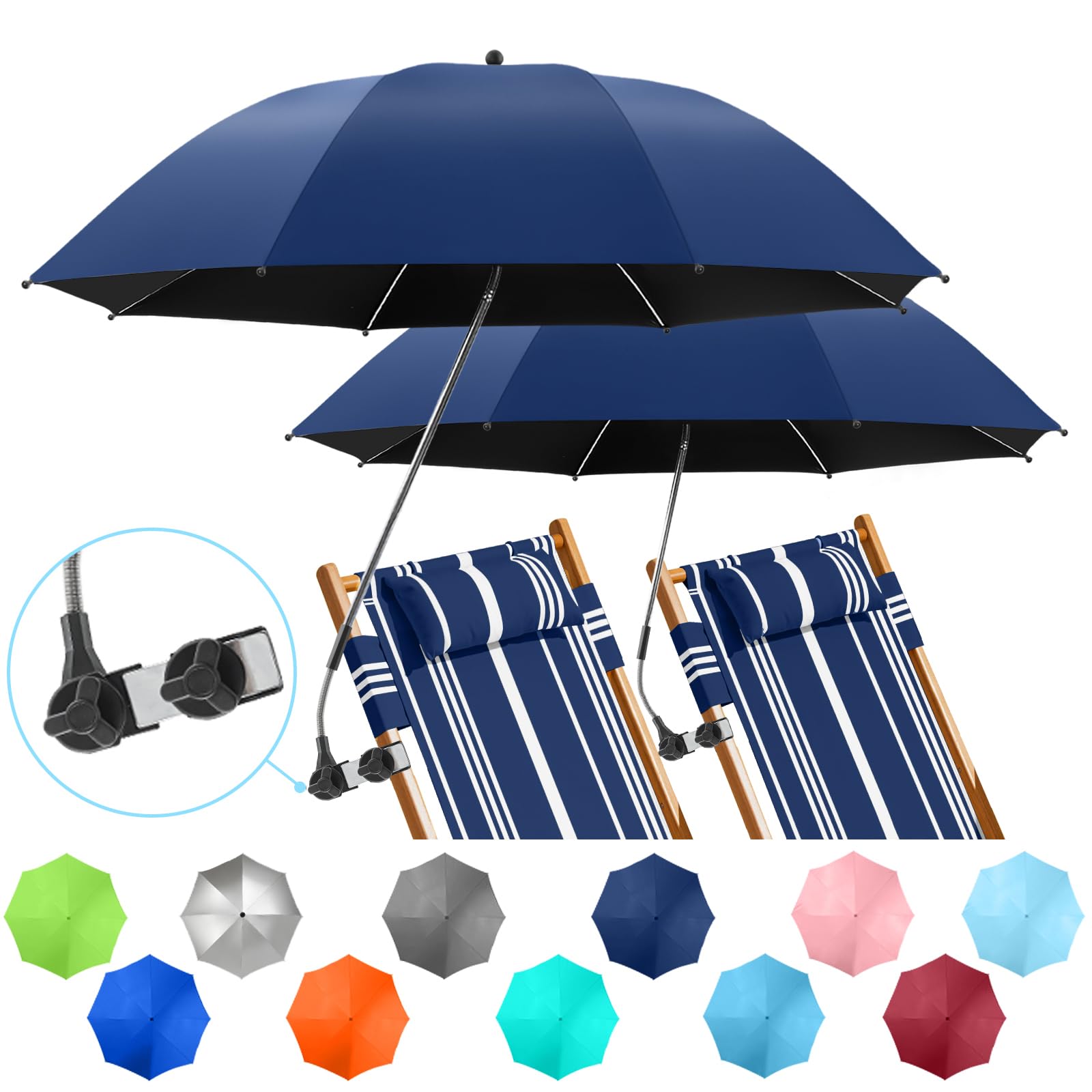 2 Pack Adjustable Chair Umbrella with Clamp - 360° Rotation UPF50+ Sun Shade for Beach, Patio, Wheelchair, Camping & Golf Carts (Perfect for Outdoor Relaxation, Picnics & Travel) - Chair Not Included