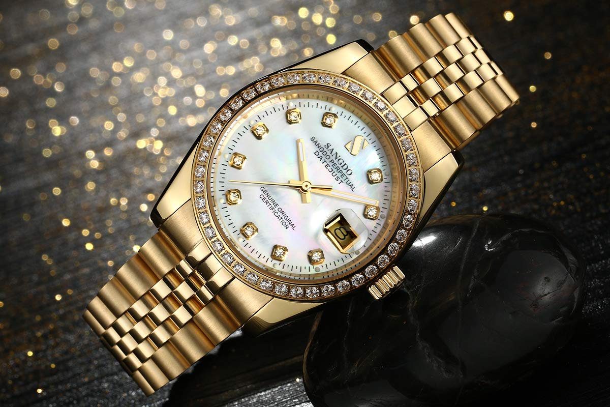 Gosasa Men's Luxury Automatic Mechanical Watch with Gold Crystal Accents - Stainless Steel Band, Waterproof, Elegant Gift for Family & Friends - Perfect for Business, Formal Events & Special Occasions
