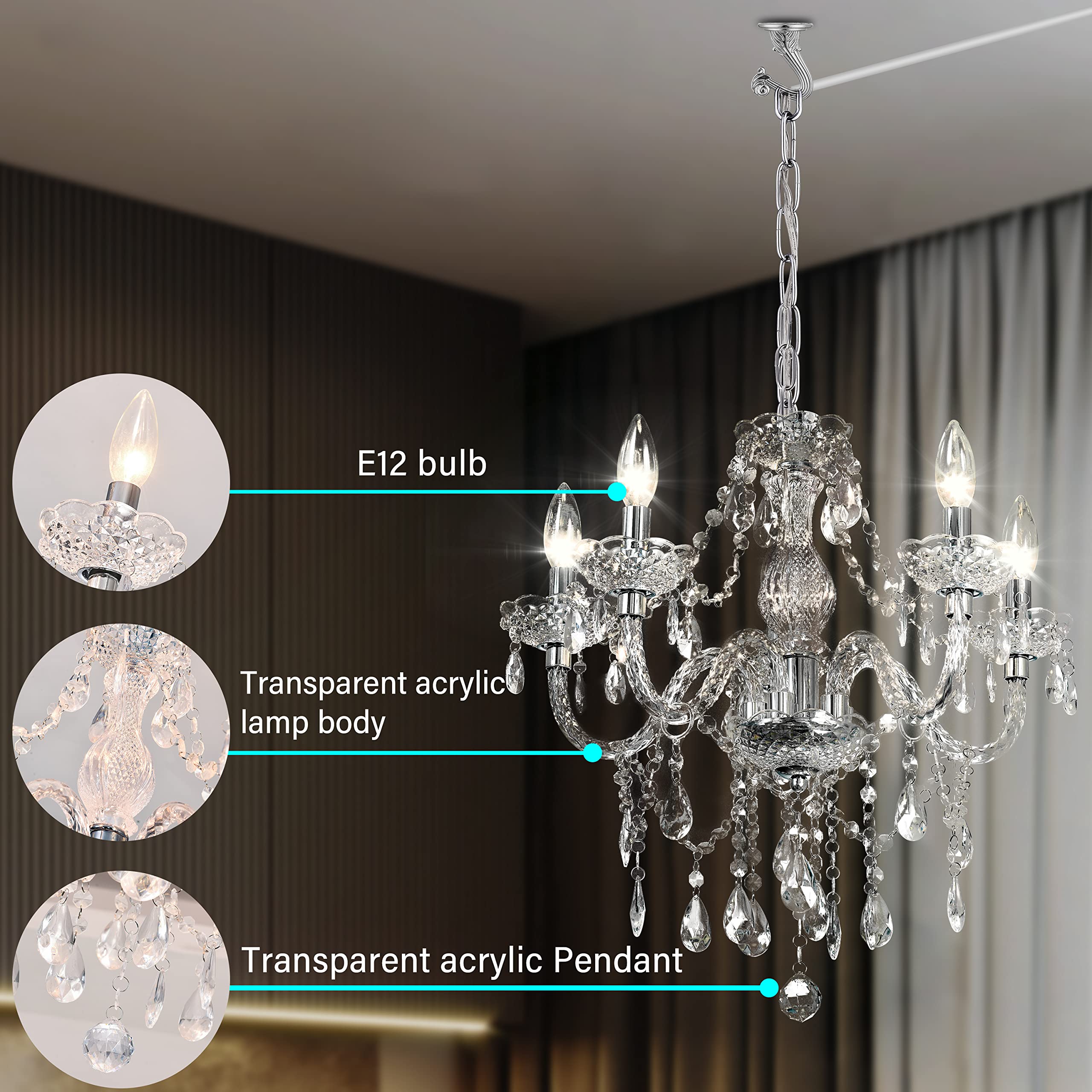 5-Light Crystal Hanging Pendant Chandelier with Clear Cord & On/Off Switch - 19