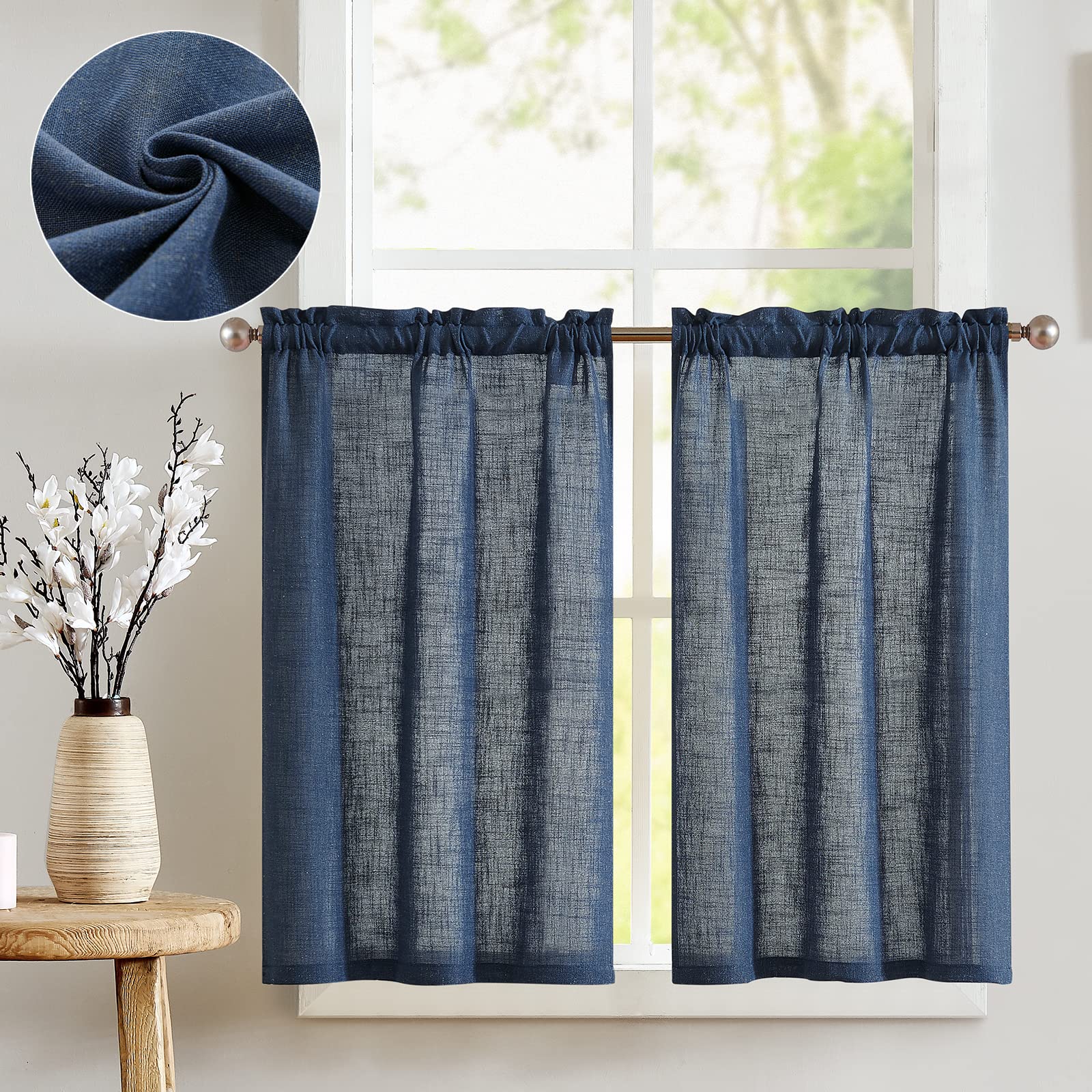 Jinchan 36 Inch Linen Kitchen Curtains Set of 2 - Light Filtering Modern Tier Curtains with Rod Pocket for Windows & Doors in Indigo Blue | Perfect for Coffee Shops, Farmhouse Kitchens & Small Window Treatments
