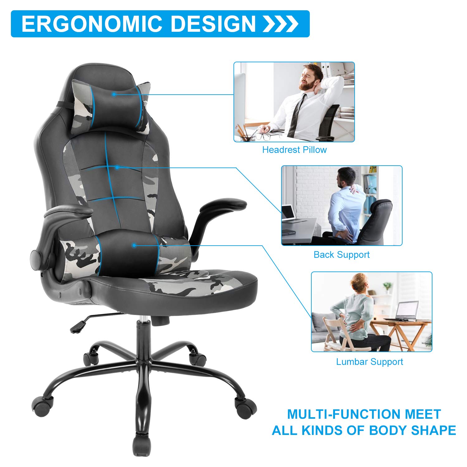 Ergonomic Gaming Chair with Lumbar Support & Head Pillow - Adjustable Leather Office Desk Chair for Home, Computer & Executive Work - Modern Swivel Rolling Task Chair (Camo Design) - Perfect for Gaming, Remote Work & Home Office Setup