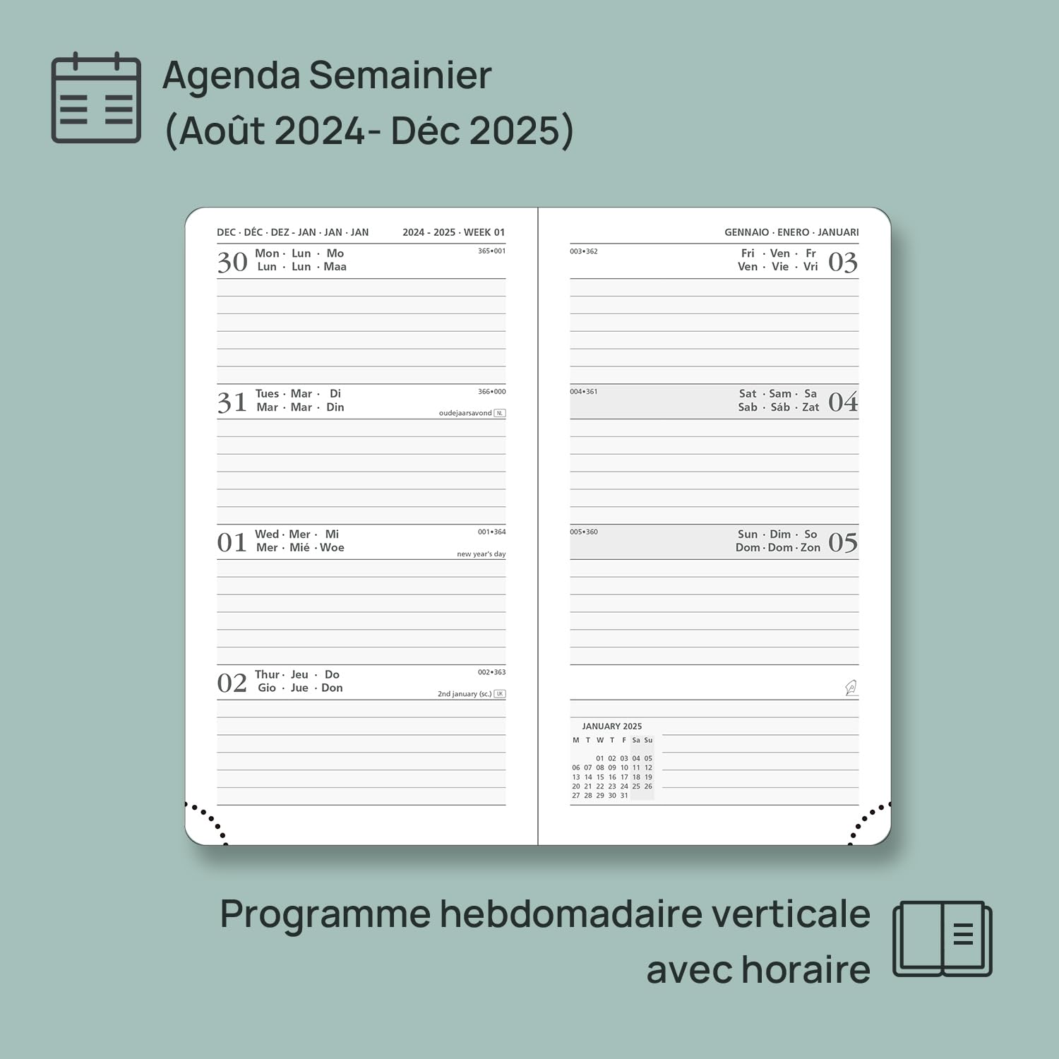 POPRUN 2024-2025 Pocket Planner - 16.5x9cm Small Weekly School Diary with Hard Cover | August 2024 to December 2025 | Hourly Time Slots, FSC-Certified 80gsm Paper | Light Pink | Perfect for Students, Teachers & Office Use