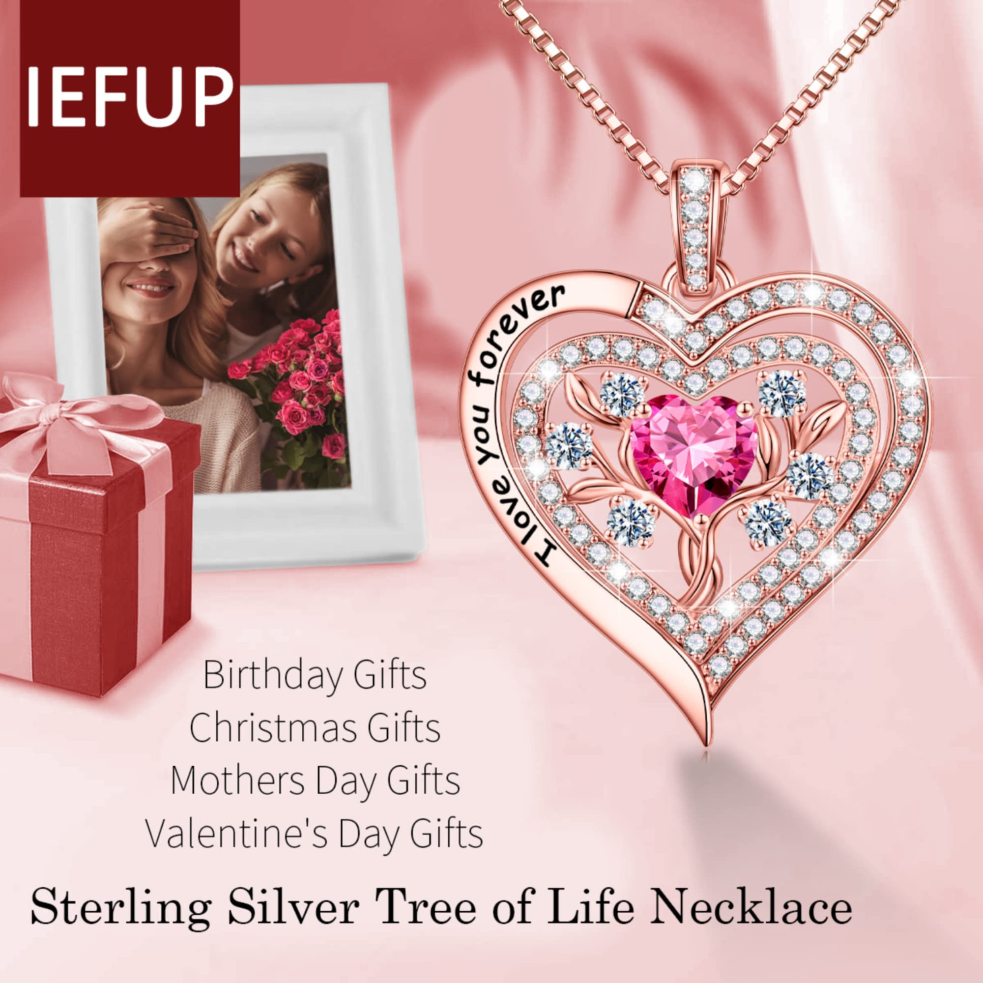 Tree of Life Birthstone Necklace - Sterling Silver 925 Heart Pendant Jewelry for Women, Wife, Grandma & Girls | Personalized Birthday, Mother's Day Gift Idea for Her | Perfect for Special Occasions & Everyday Wear