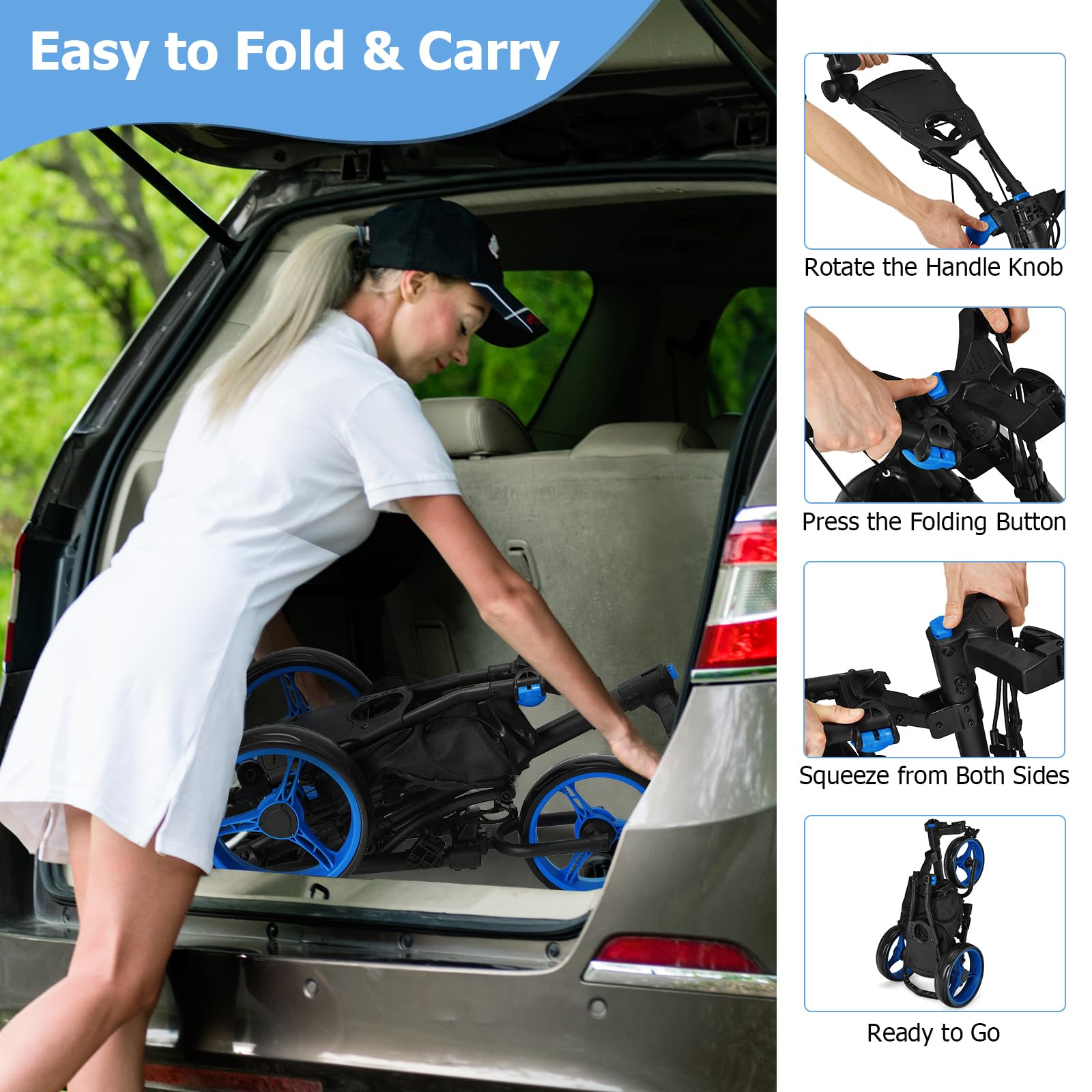 3 Wheel Folding Golf Push Cart - Lightweight Collapsible Golf Club Caddy with Foot Brake & Umbrella Holder - Adjustable 4-Position Handle (Blue) | Perfect for Golf Course, Driving Range & Outdoor Practice