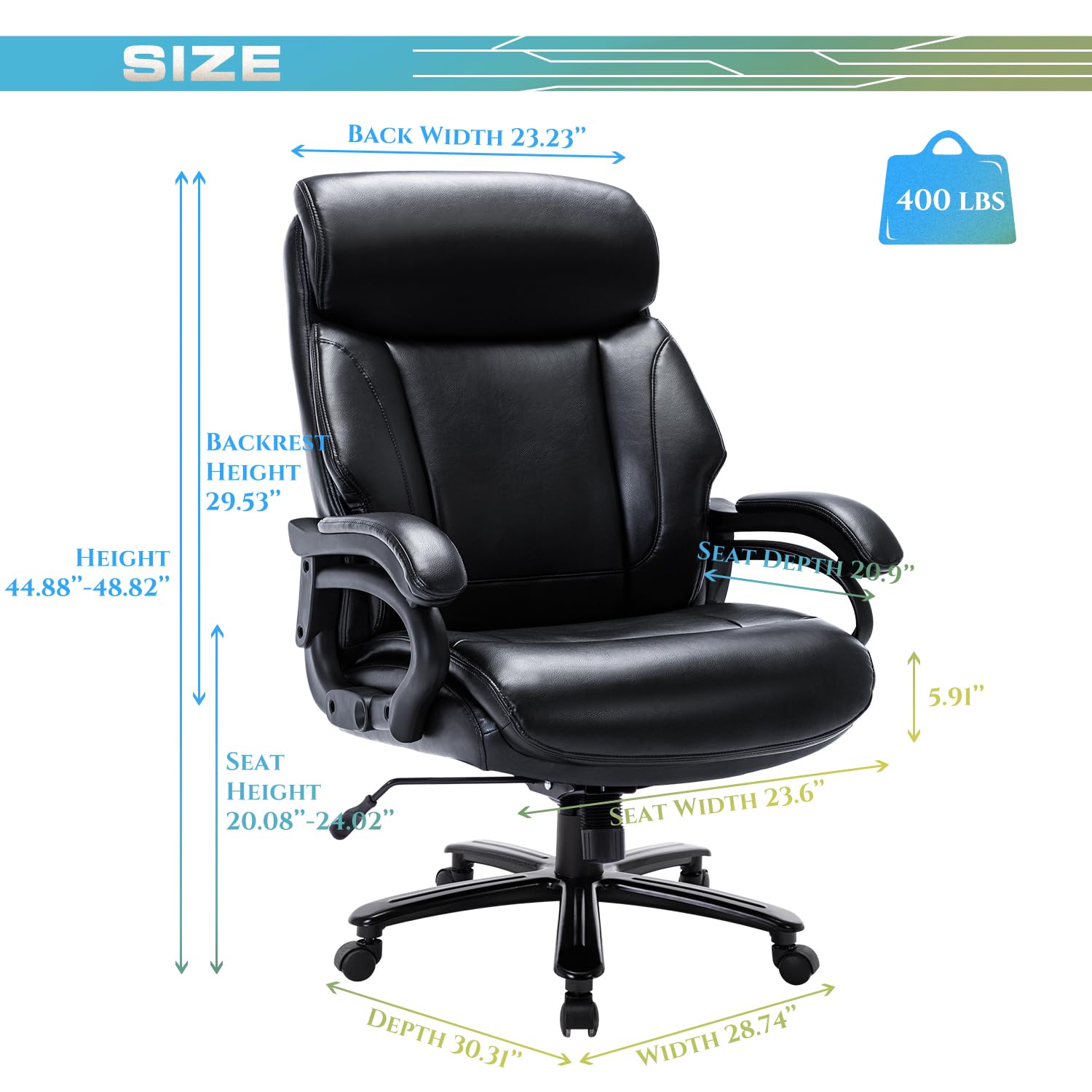 Heavy Duty Big and Tall Office Chair 400lbs - Extra Wide Seat Executive Desk Chair with High Back Ergonomic Support - Leather Computer Chair with Tilt Rock & Tension Control, Padded Armrests - Black - Perfect for Home Office, Gaming, and Long Work Sessions