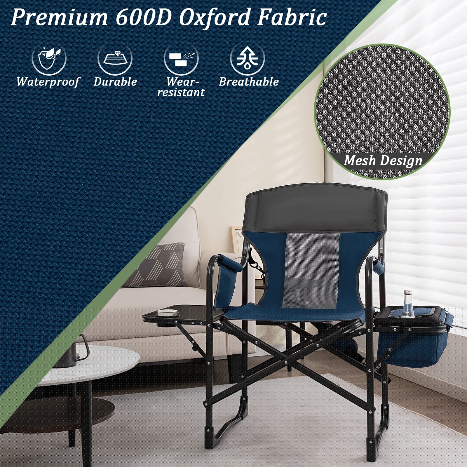 Giantex Heavy Duty Folding Camping Chair with Side Table & Cooler Bag - Portable Director Chair for Outdoor, Fishing, Picnic, Makeup & Artist Use - Supports 400 lbs - Blue