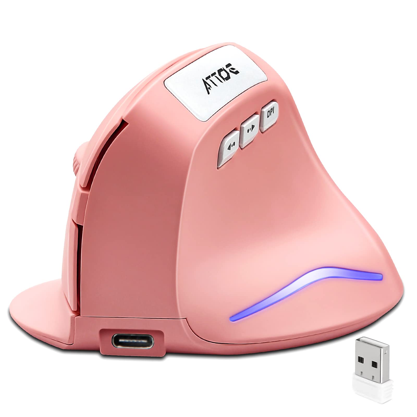 Ergonomic Wireless Vertical Mouse - 2.4G Rechargeable Optical Mouse with 3 Adjustable DPI (1000/1600/2400) for PC, Laptop, Mac - Pink Computer Mouse for Women & Girls - Perfect for Office Work, Gaming, and Home Use