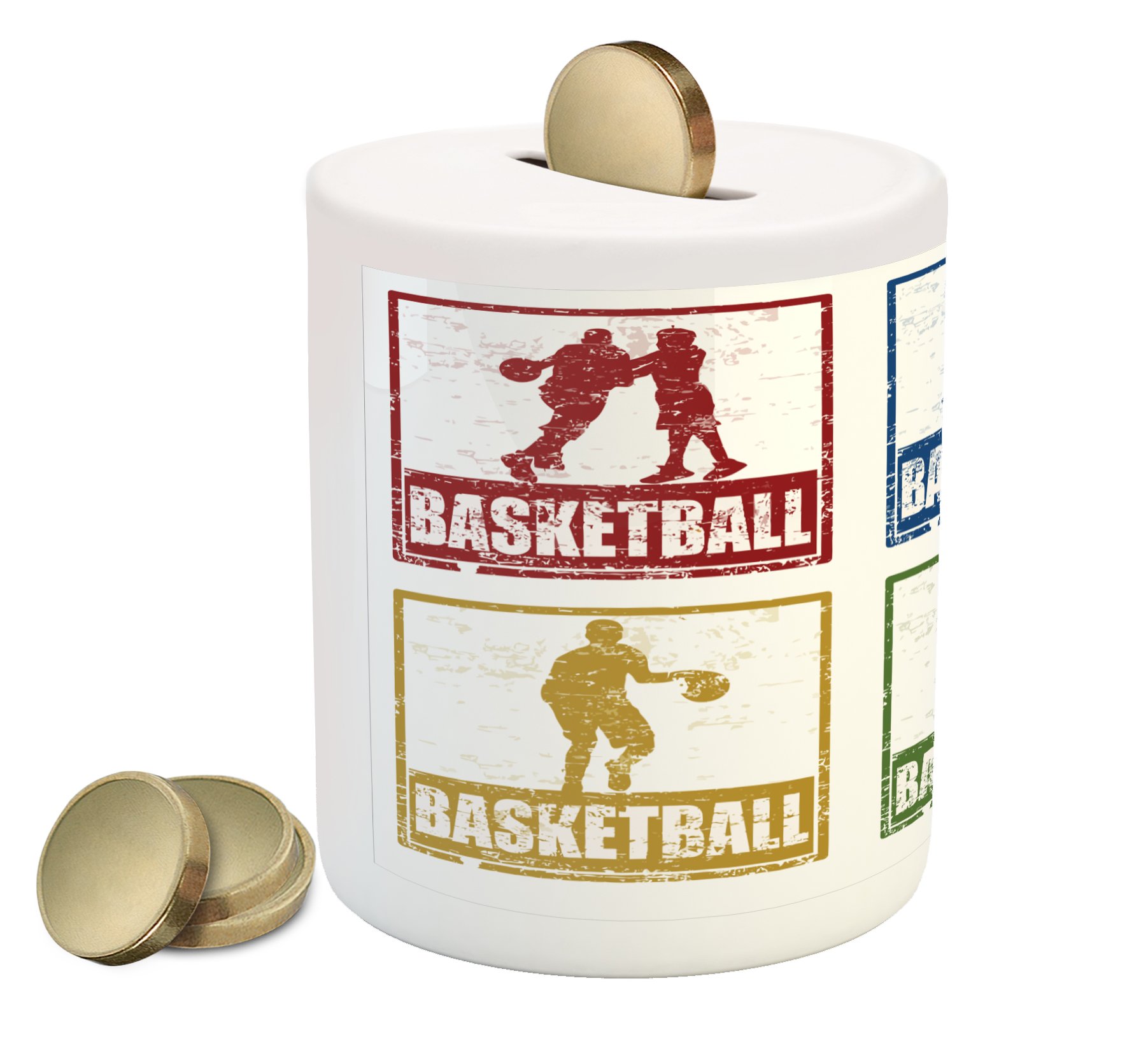 Ambesonne Vintage Basketball Piggy Bank - Ceramic Coin Bank with Rubber Stamp Design for Cash Saving, Navy Green Red - Perfect Gift for Basketball Fans & Collectors | Home Decor, Office, Kids Room