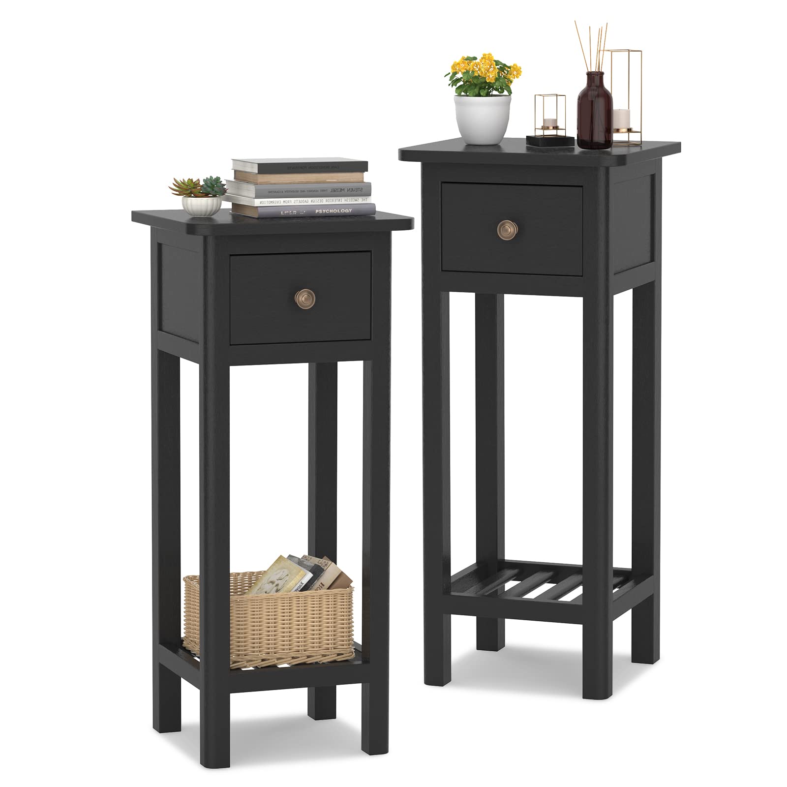 Giantex Set of 2 Tall Narrow End Tables with Drawer and Shelf - Acacia Wood Nightstand & Bedside Table for Small Spaces - No Assembly Required Black - Perfect for Living Room, Bedroom & Apartment Decor