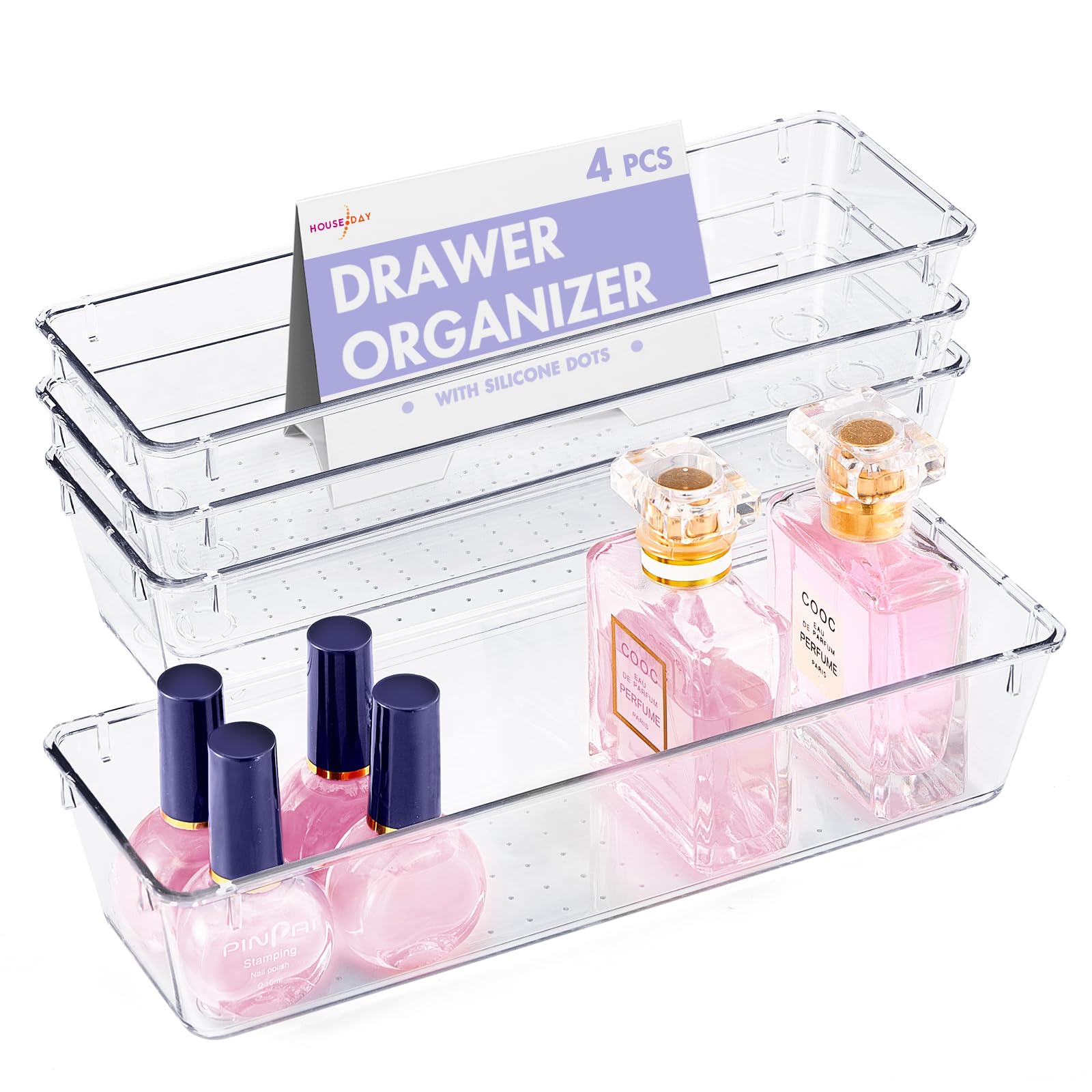 Clear Plastic Desk Drawer Organizer Set of 4 - 9x3x2 Inch with Non-Slip Silicone Pads for Makeup, Bathroom, Kitchen & Office Storage - Vanity & Home Organization Solution for Jewelry, Utensils & Office Supplies