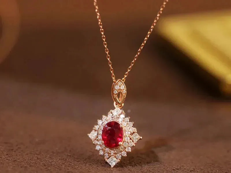 18K Rose Gold Ruby Pendant Necklace for Women - Elegant Diamond Accent Wedding Jewelry (Customizable) | Perfect for Bridal, Anniversary, Valentine's Day & Special Occasion Gifts