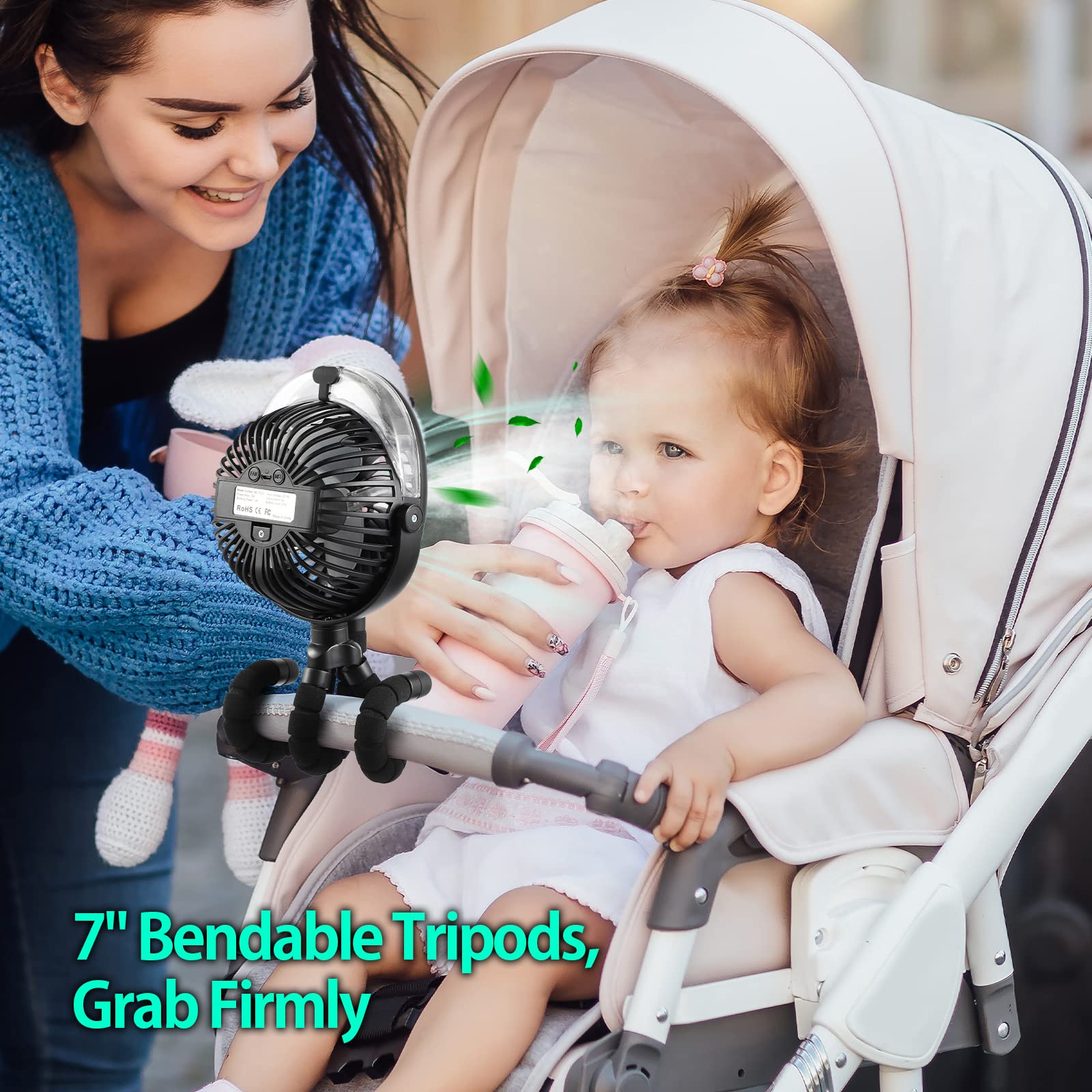 Rechargeable Portable Stroller Fan with Mist - 360° Adjustable Misting Fan with Flexible Tripod for Baby Stroller, Beach, Travel, Gym, Car & Outdoor Cooling - USB Personal Fan for Umbrella, Wagon, Crib & Treadmill Use