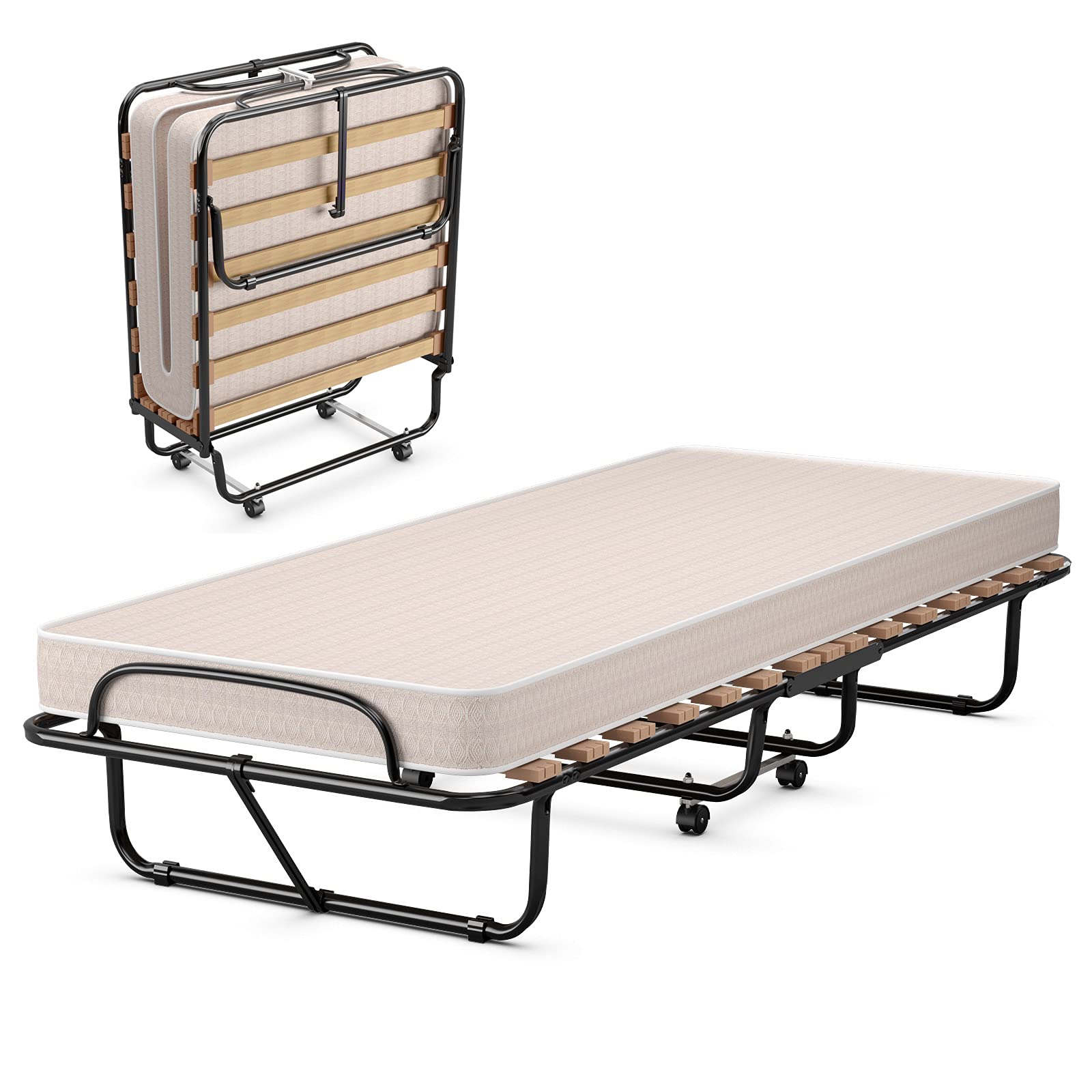 KOTEK Foldable Guest Bed with Memory Foam Mattress - Portable Rollaway Bed with Sturdy Metal Frame - Italian Made Space-Saving Folding Bed for Home, Office & Travel - Perfect for Spare Rooms, Sleepovers & Small Spaces