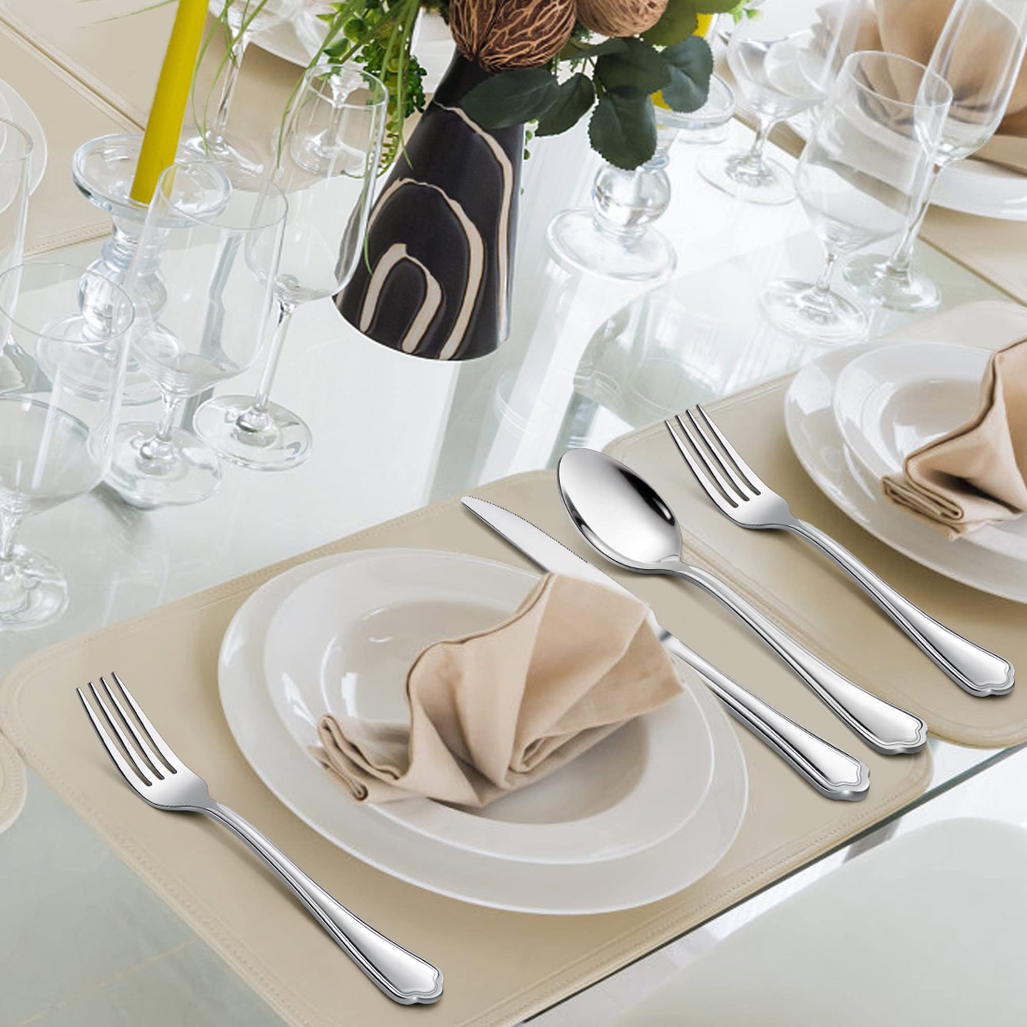 40-Piece Stainless Steel Flatware Set for 8 - Mirror Polished Silverware with Scalloped Edge (8 Forks, 8 Knives, 8 Spoons, 8 Teaspoons) - Dishwasher Safe Cutlery Set for Everyday Dining, Dinner Parties & Restaurant Use