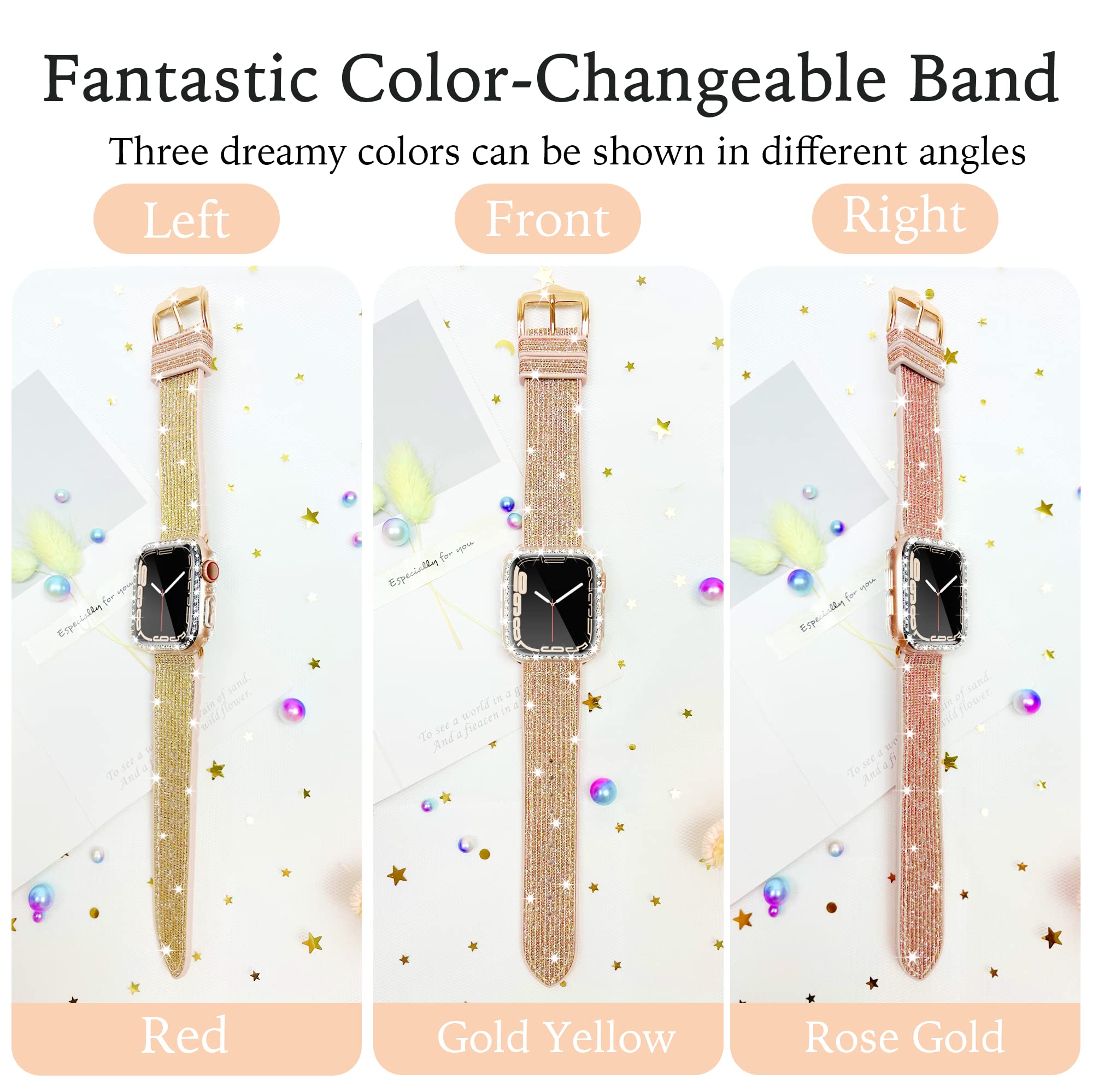 Sparkle Silicone Apple Watch Band 40mm 44mm 41mm 45mm Compatible with iWatch Series 9/8/7/6/SE/5/4 - Shiny Glitter Leather Bracelet for Women | Elegant, Sporty & Comfortable | Perfect for Workouts, Office Wear & Everyday Fashion