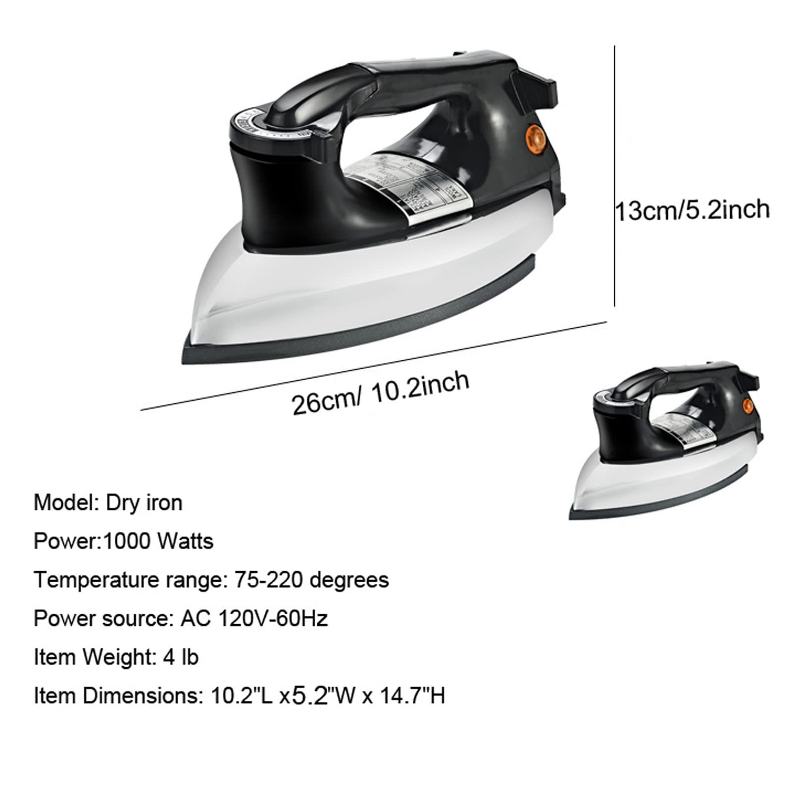 Heavy Duty Professional Dry Iron - No Steam, No Holes, 9 Ft Power Cord, Non-Stick Soleplate with Overheat Protection | Perfect for Home Clothes Ironing, Tailoring Shops & Industrial Use