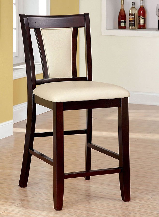 Modern Set of 2 Bar Stools - Dark Cherry & Ivory Solid Wood Counter Height Chairs with Padded Leatherette Seats - Kitchen Island & Dining Room Furniture for Breakfast Nook, Home Bar & Small Space Decor