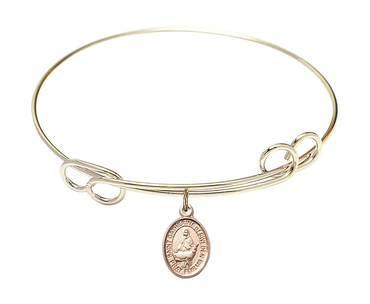 7 1/2 Inch Round Double Loop Bangle Bracelet with St. Catherine of Sweden Charm - Elegant Religious Jewelry for Women, Perfect for Church, Weddings & Everyday Wear