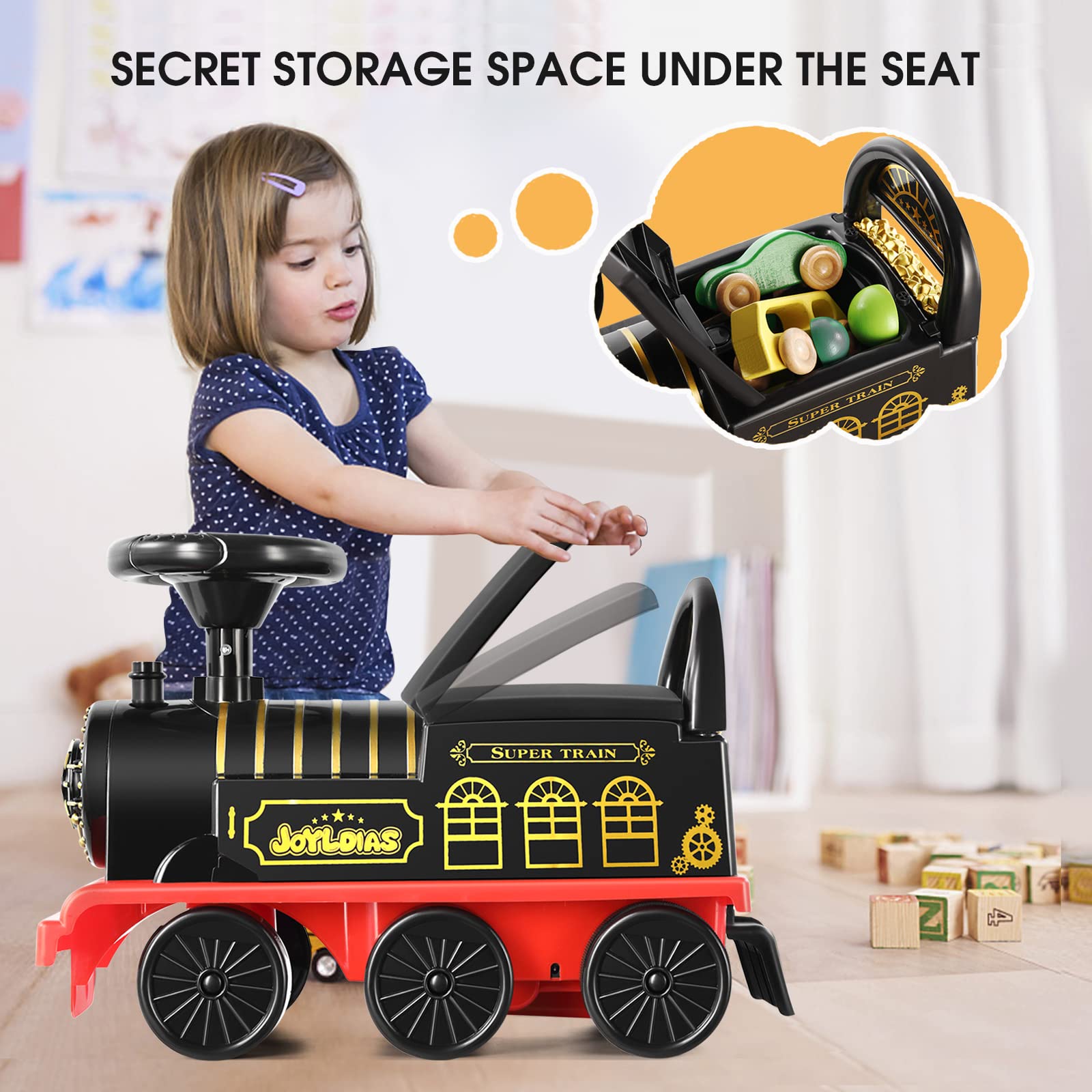 JOYLDIAS 3-in-1 Electric Ride On Train Toy for Kids with 16pcs Curved Tracks, Lights & Horns - 6V Battery Powered Toddler Train with Storage & Retractable Foot Pedals - Perfect Indoor/Outdoor Play for Children Under 39 Inches (Black)