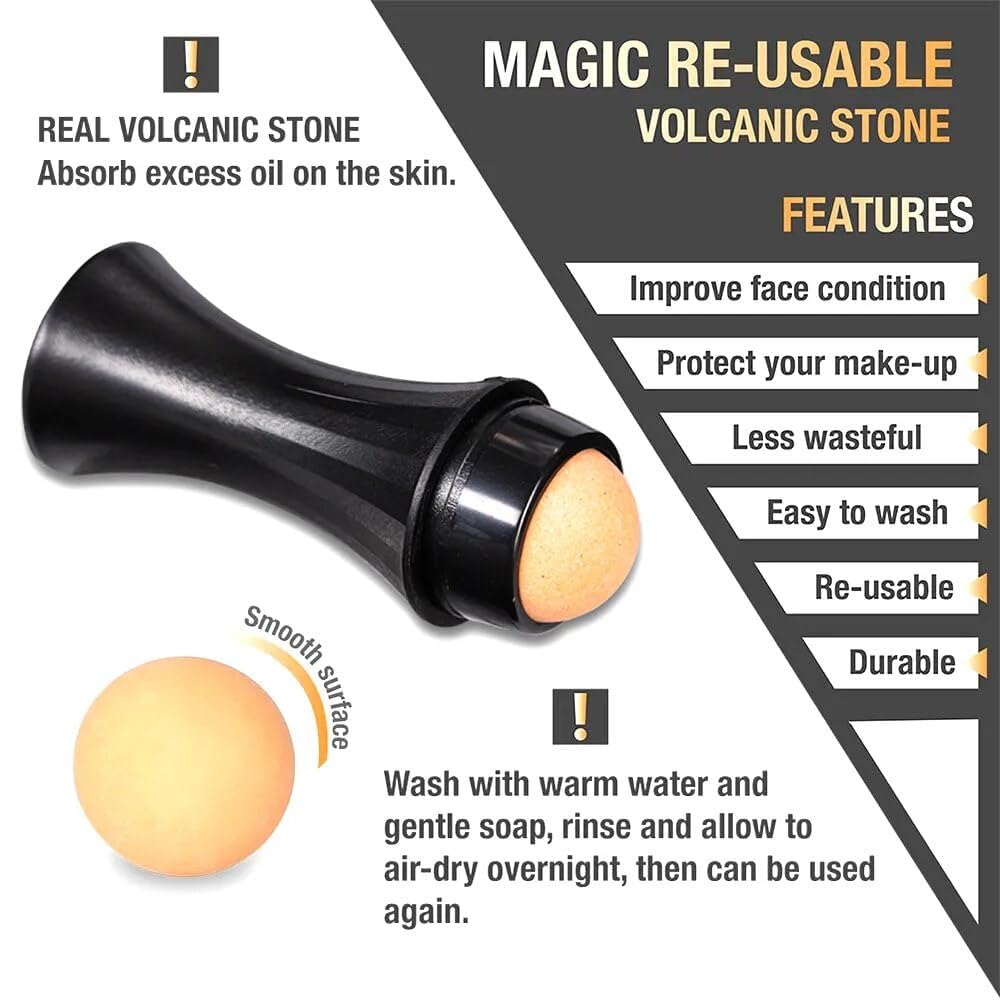 Natural Volcanic Stone Oil Absorbing Roller - Facial Pore Cleanser & Oil Removing Massage Stick for Makeup & Skin Care | Perfect for On-the-Go Touch Ups & T-Zone Shine Control
