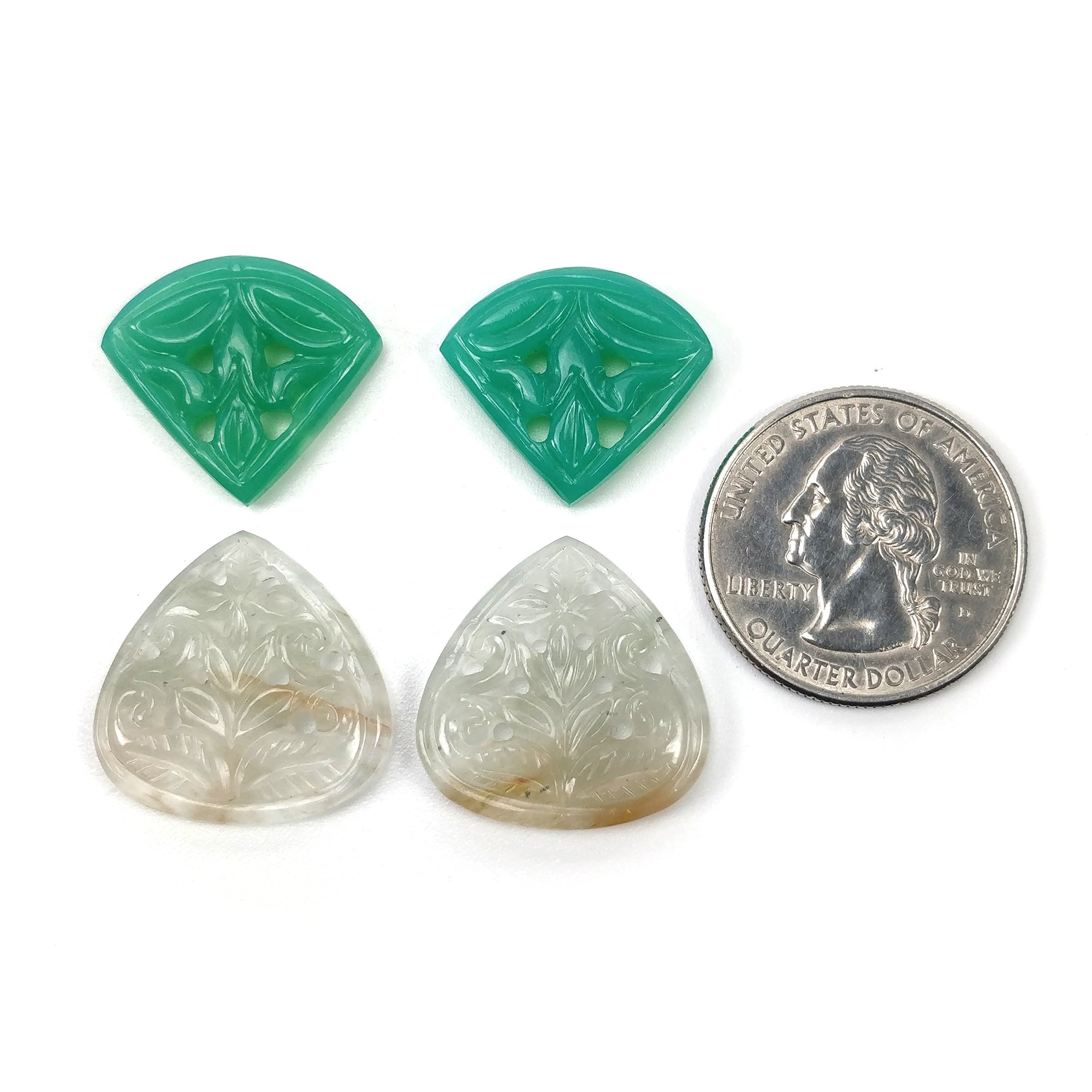 Natural Untreated Green White Chrysoprase & Jade Gemstone Carving - 47.65cts Hand Carved Triangle Heart Shape (18*20.5mm & 19*21mm, 4pcs Set) - Perfect for Jewelry Making, Crystal Healing & Spiritual Gifts