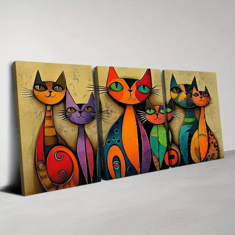 3-Piece Colorful Vibrant Abstract Cat Paintings - Framed Canvas Wall Art Set 50x70cm | High Quality Print | 100% Australian Made | Ready to Hang | Perfect for Living Room, Bedroom & Office Decor