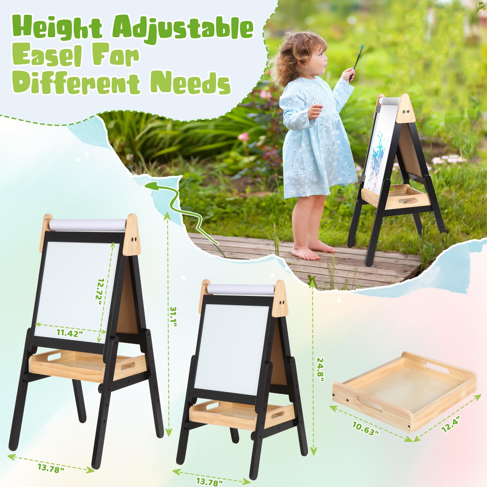 3 in 1 Adjustable Height Kids Easel with Wood Tray - Double Sided Magnetic Chalkboard & Whiteboard, Includes Paper Roll - Perfect for Toddlers Age 2+ (Black) | Ideal for Home, Classroom & Preschool Art Activities, Drawing & Learning