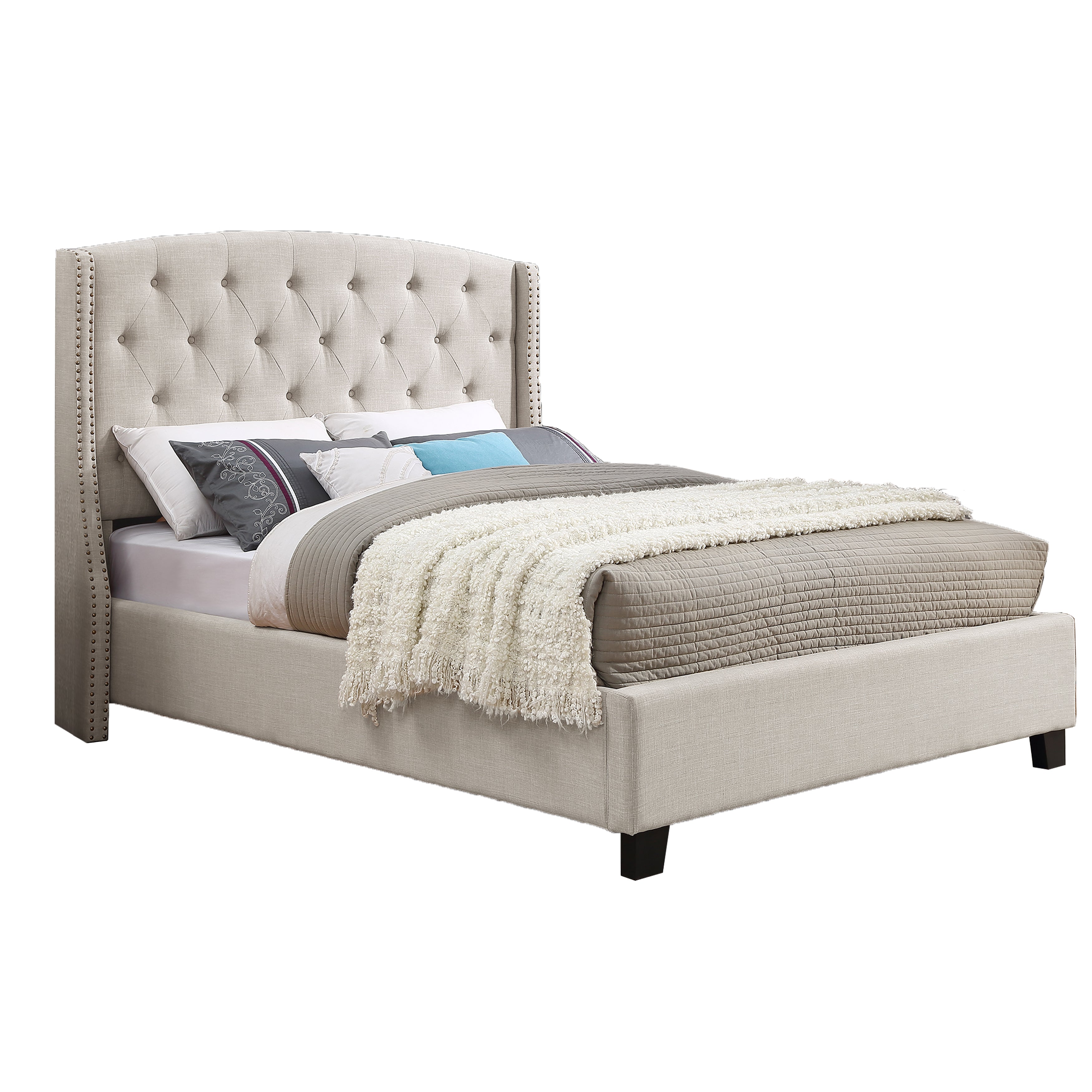 Roundhill Furniture Astral 3-Piece Upholstered Bedroom Set - Tufted Wingback Bed with 2 Nightstands for Master Bedroom & Guest Room Decor