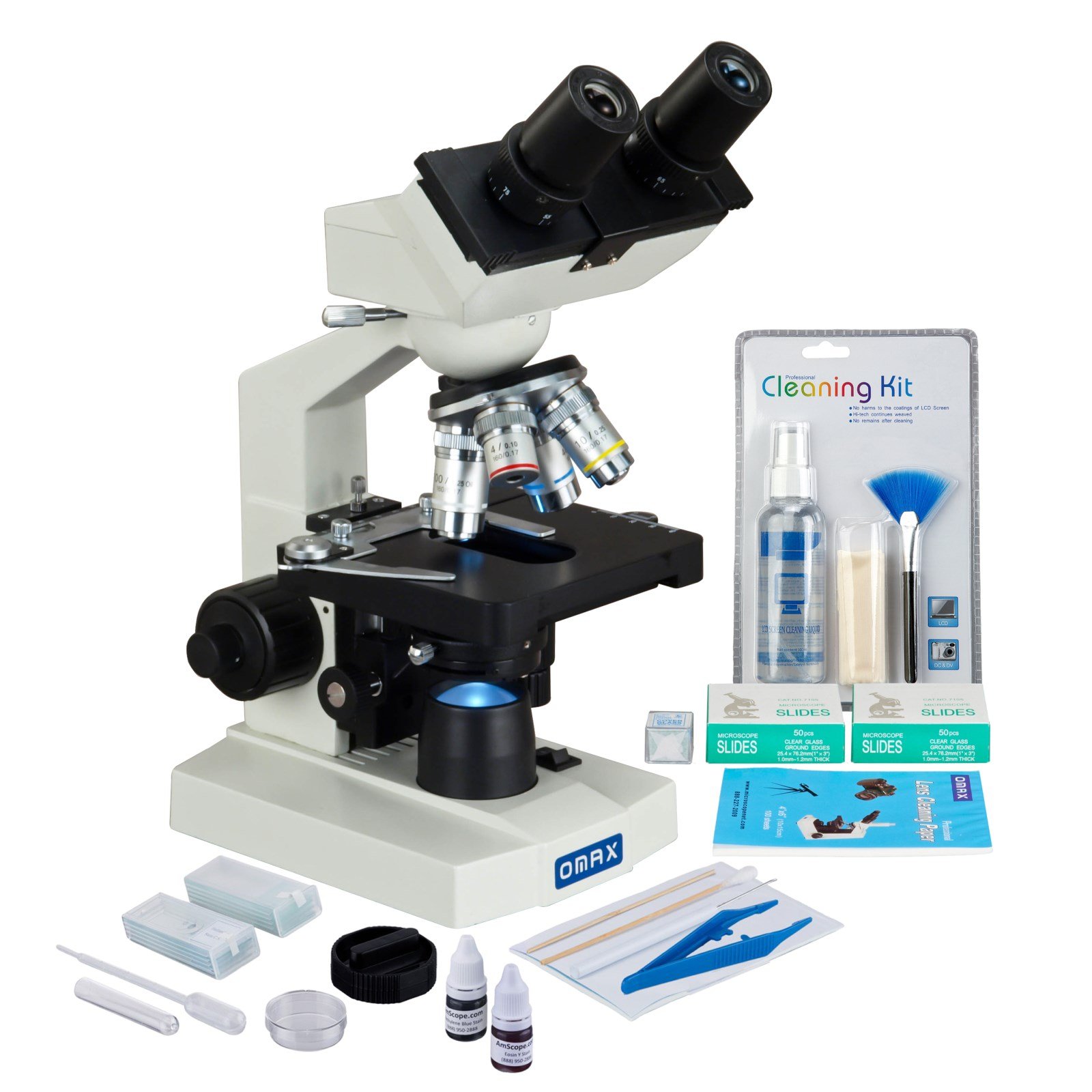OMAX 2500X LED Binocular Compound Microscope with Slide Preparation Kit, Blank Slides, Lens Paper & Cleaning Tools for Lab, School & Home Science Experiments