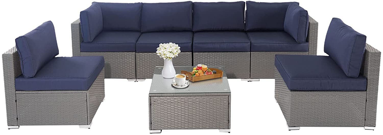 7-Piece Outdoor Patio Furniture Set - Wicker Rattan Sectional Sofa with Glass Top Table & Removable Cushions (Dark Blue) - Perfect for Garden, Backyard, Poolside & Patio Relaxation