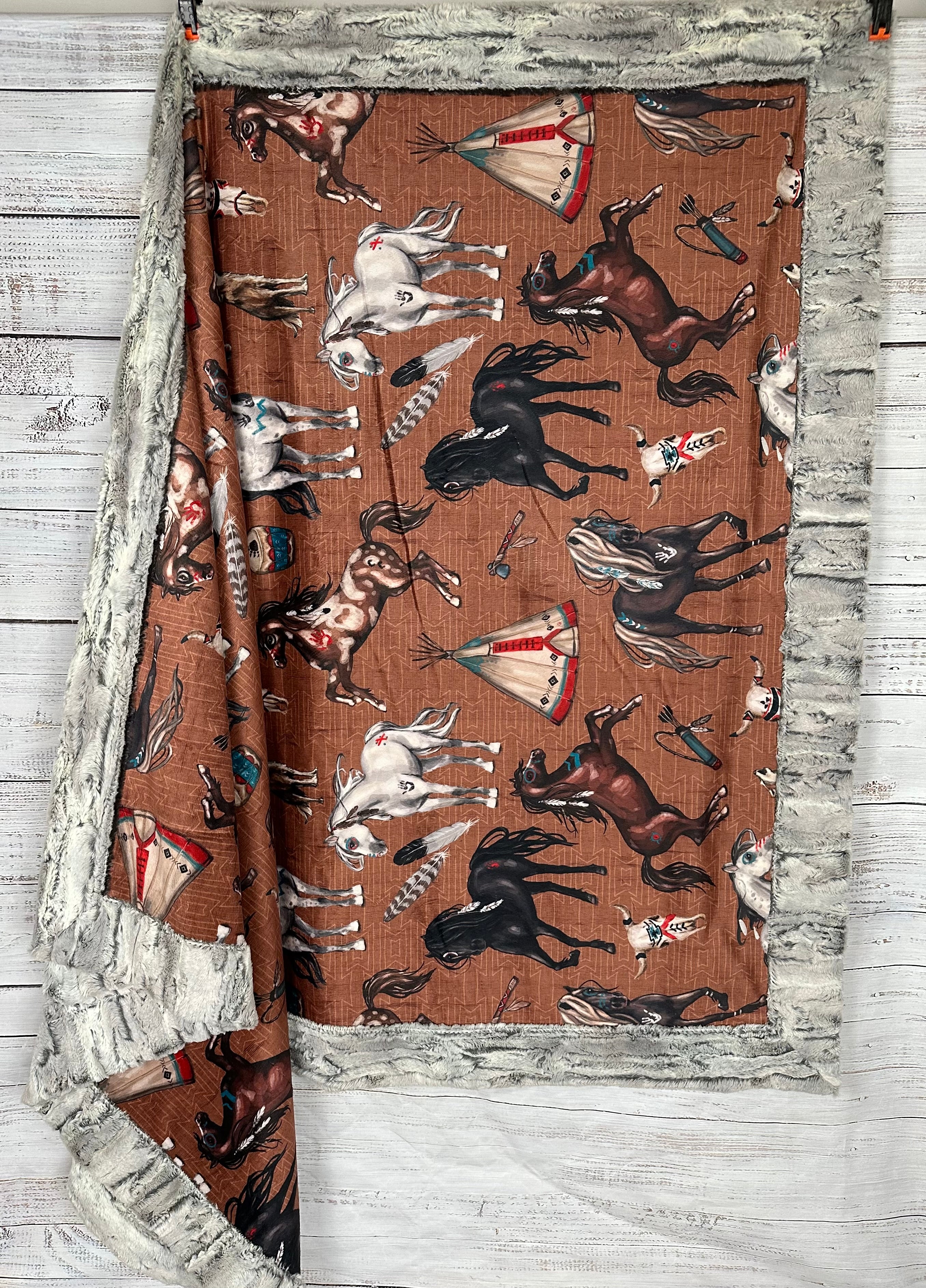 Premium Native American Horses Design Silver Fox Large 54x79 Inch Minky Blanket (Brown) - Ultra Soft & Cozy for Bedroom, Living Room, or Gift Giving - Spoonflower High Quality Fabric
