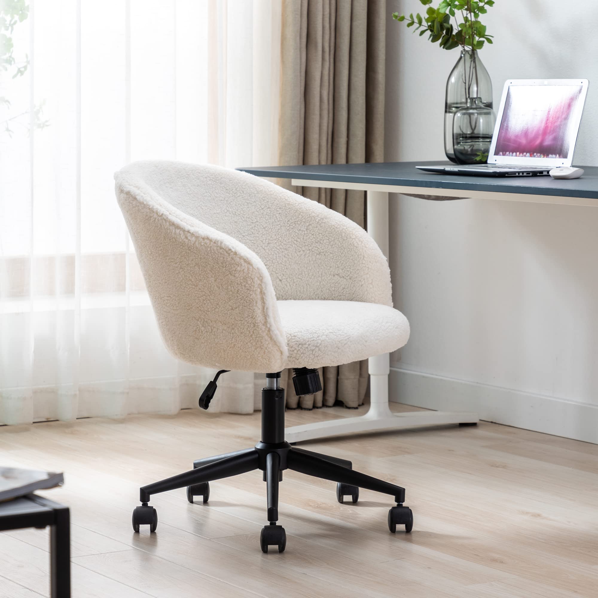 Ergonomic Home Office Chair - Adjustable Mid Back Swivel Desk Chair with Black Base for Computer Work, Gaming & Study | Comfortable Vanity Makeup Furry Chair for Living Room, Bedroom & Workspace