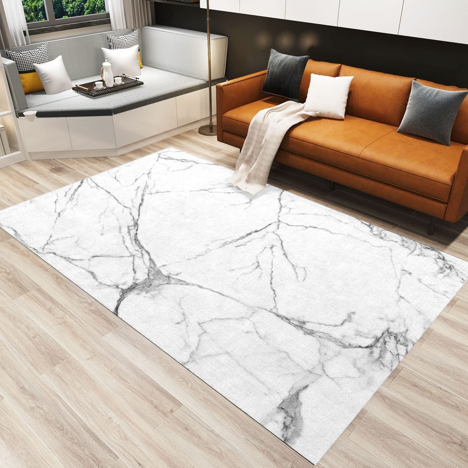 5' x 7' White and Black Marble Distressed Area Rug - Contemporary Non-Slip Floor Carpet for Living Room, Bedroom & Home Decor | Sofa Mat, Indoor Rug for Modern Spaces