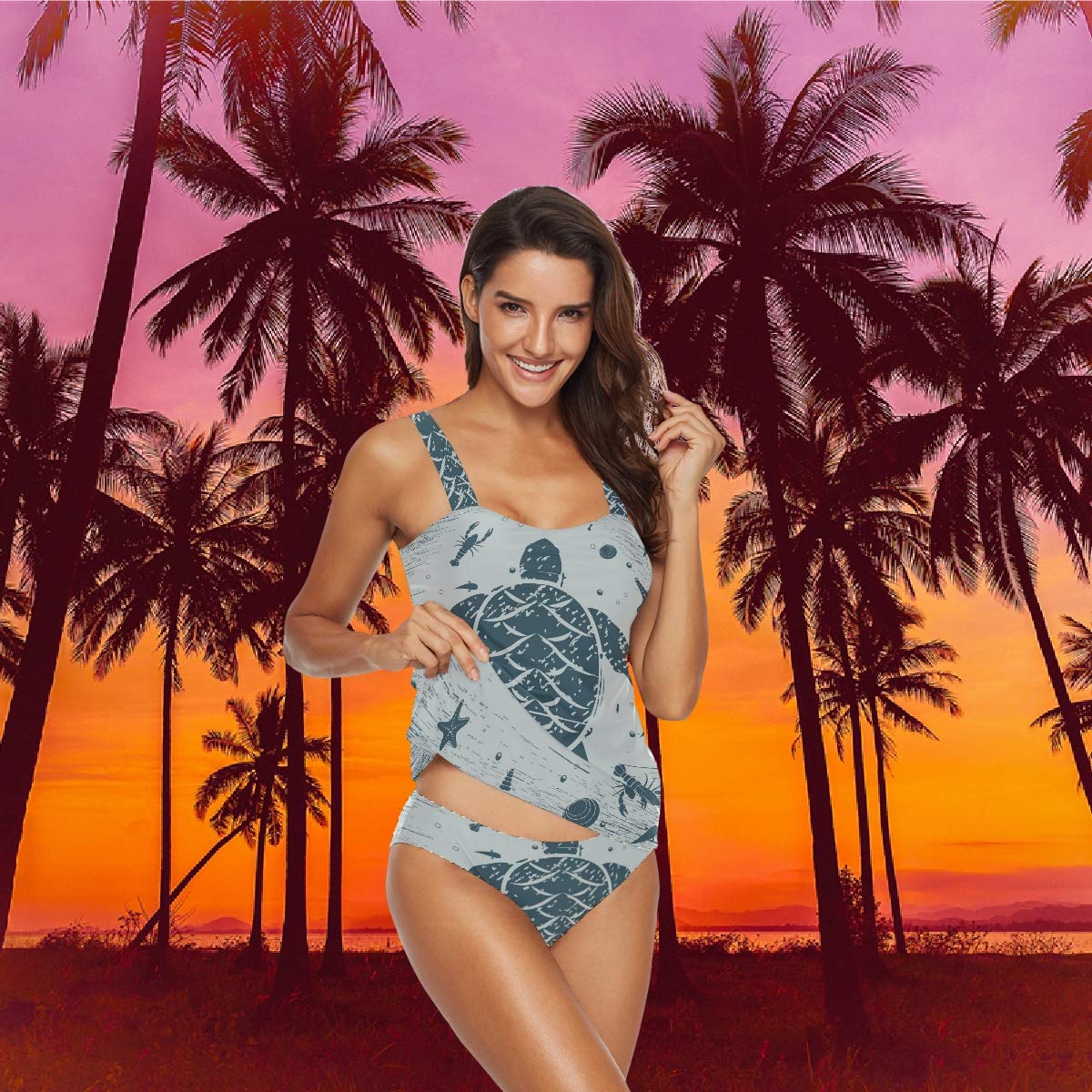 Vintage Sea Turtle Lobster Starfish Print Women's Two-Piece Tankini Bikini Set - Beach Vacation, Pool Party & Summer Swimwear